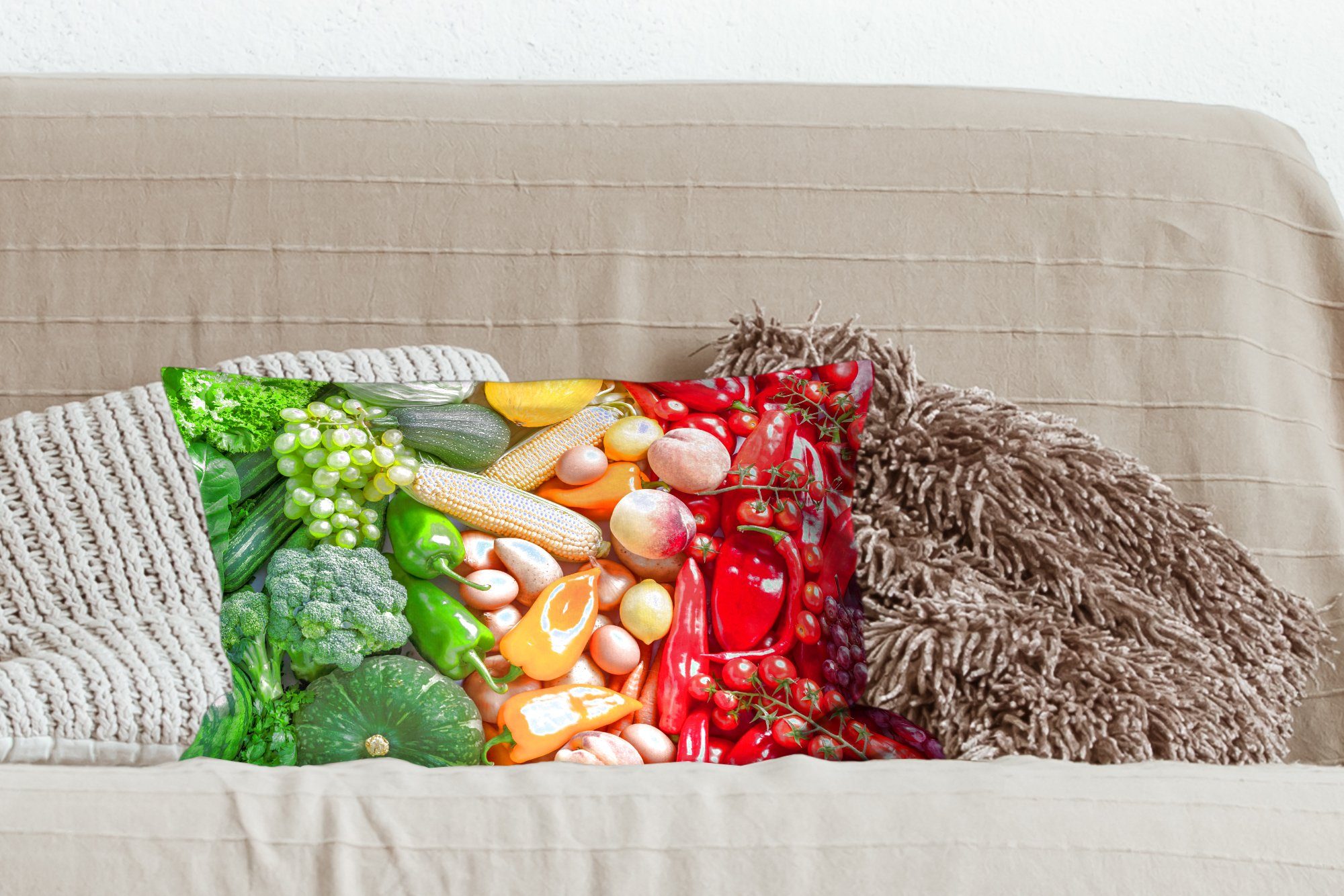 Schlafzimmer Gemüse Zierkissen, mit Obst Dekokissen - Dekoration, Füllung, Dekokissen MuchoWow Regenbogen, Wohzimmer -