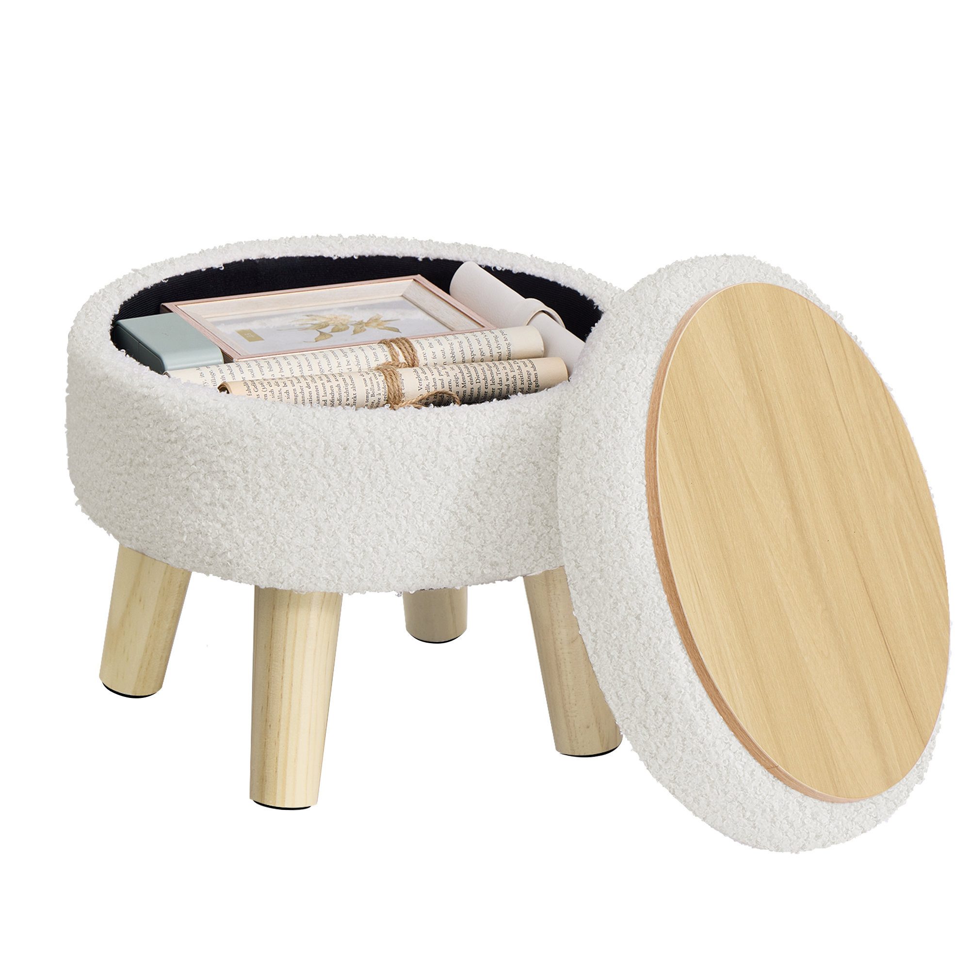 SONGMICS Sitzhocker mit Stauraum, Sitzhocker mit Holzbeinen, Runder Polsterhocker, Teddy-Fleece, 31 x 31 x 29 cm