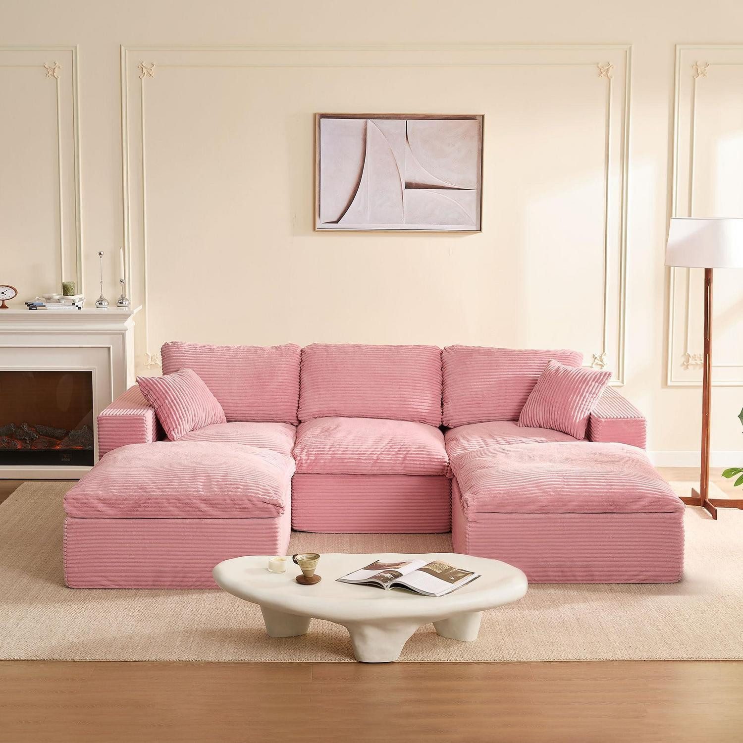 LuxusKollektion Wohnlandschaft Ecksofa Schlafsofa modular Komfortschaum Rosa 268 cm U-förmige