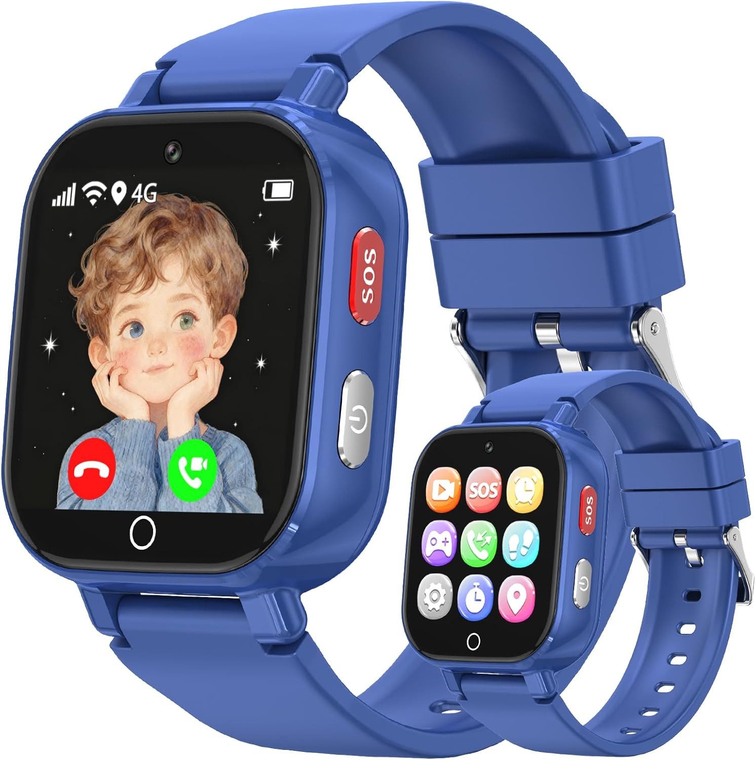 PTHTECHUS Kinder GPS Uhr; mit 4G Videoanruf, SOS & Schrittzähler Smartwatch (2,5 cm, sim-karte), Multifunktionale Uhr mit Lernspielen, Wecker & HD-Kamera