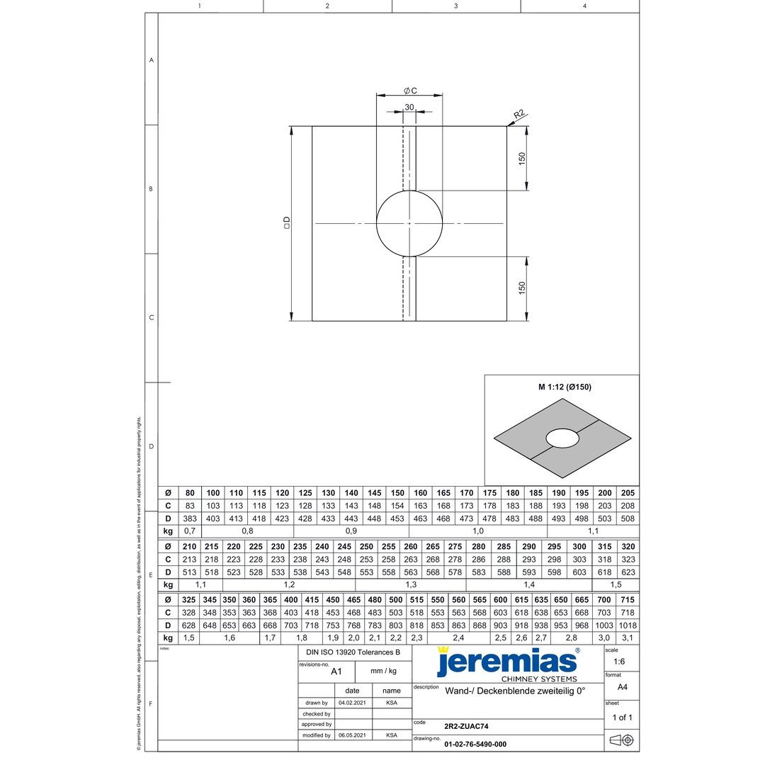Jeremias Schornstein DW-Black Ø 150 mm Deckenblende 0° zweiteilig, Ø 150 mm