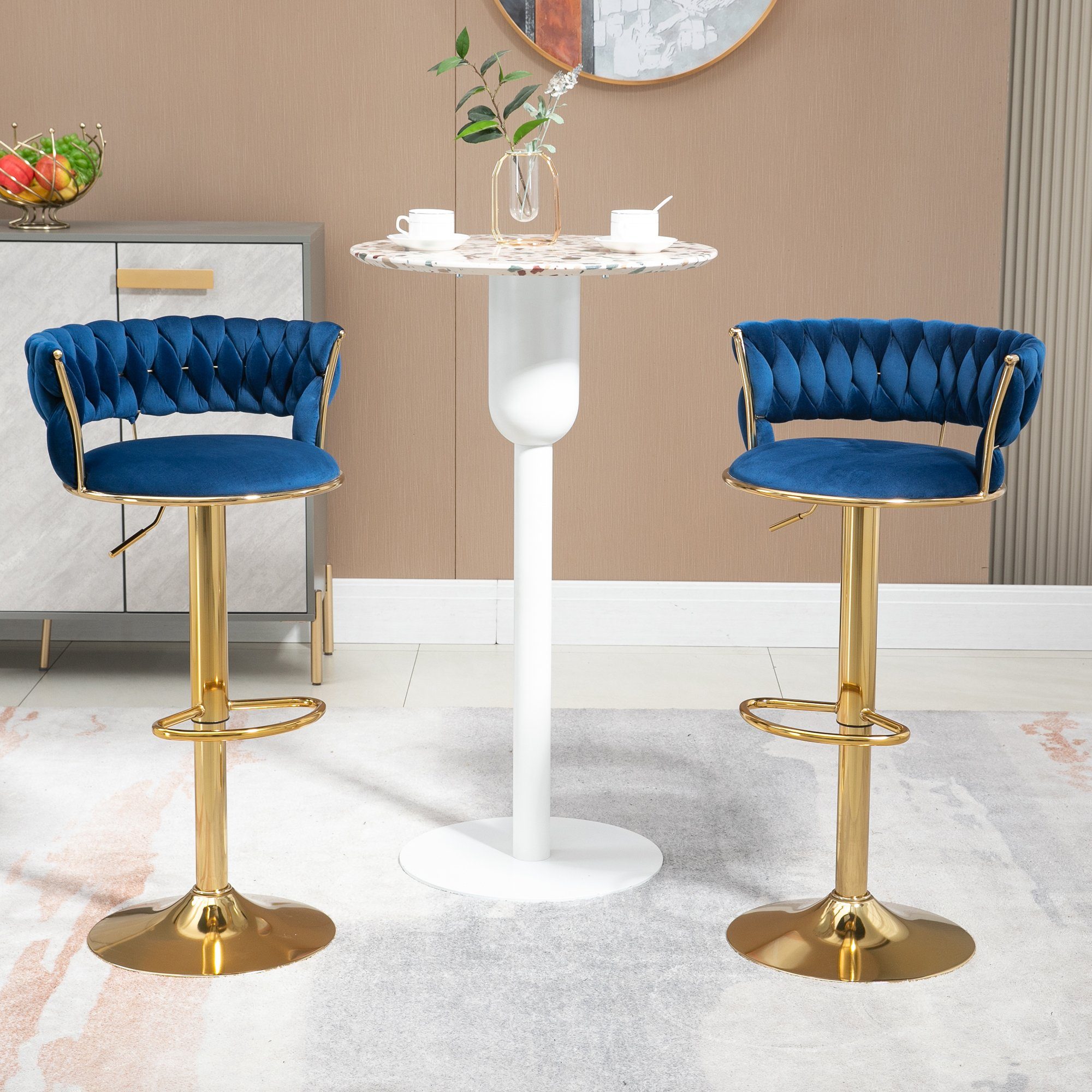 Flieks Barhocker (Set, 2 St., 2er), 2er Set Polsterstuhl Esszimmerstuhl höhenverstellbare Barstühle Samt Blau | goldfarbe
