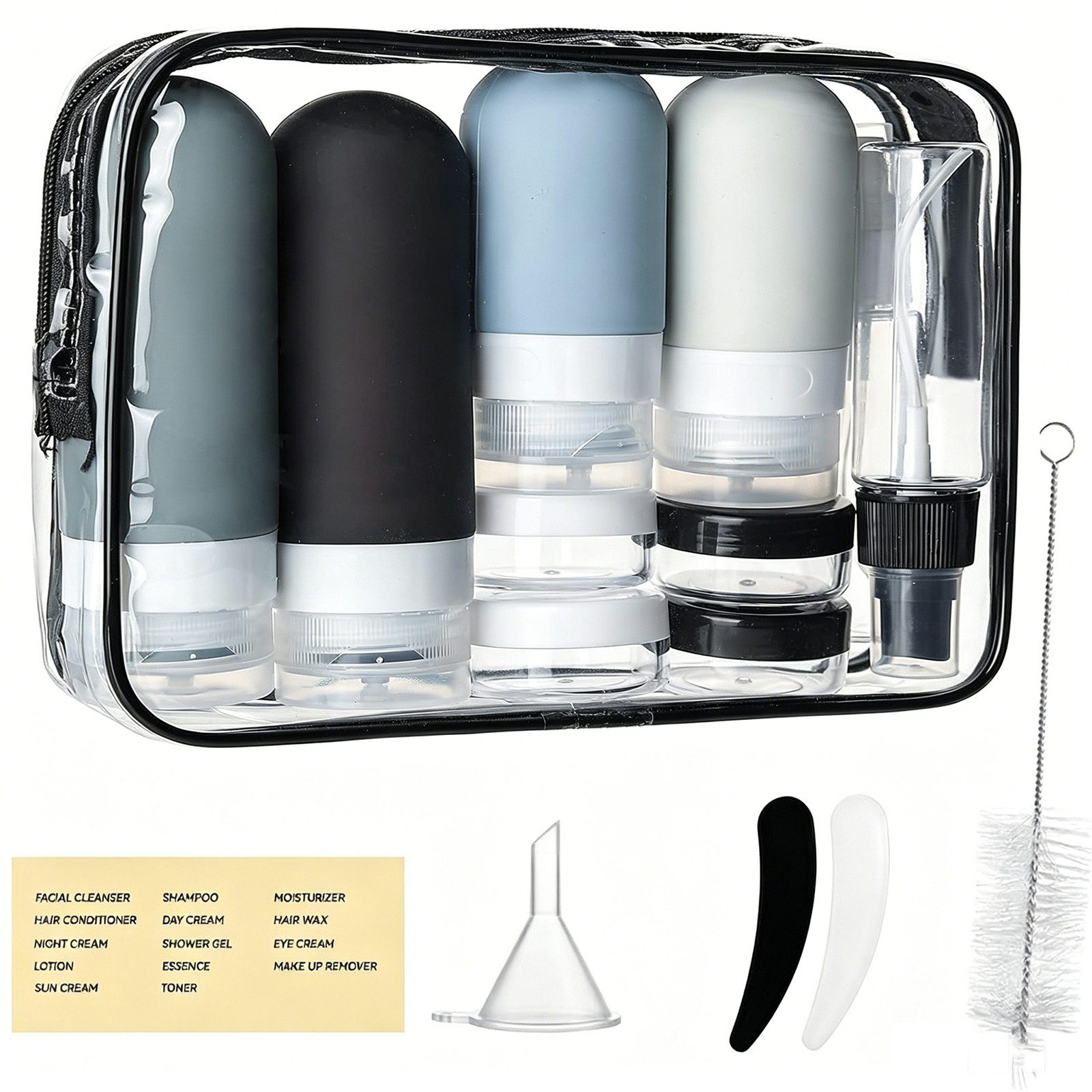 MOPUEA Reisebehälter 16-teiliges Reisebehälter Set mit Reiseflaschen & Kosmetiktasche (Reisebehälter Set für Kosmetik und Pflegeprodukte, 16-teiliges Reiseset mit Flaschen, Dosen und Zubehör), Auslaufsicher, BPA-frei, platzsparend und wiederverwendbar