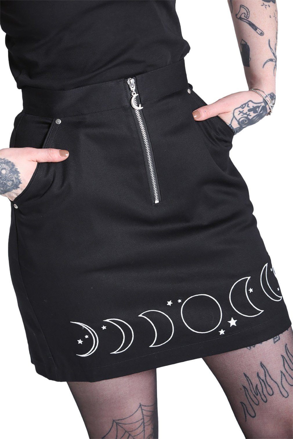 Hell Bunny Bleistiftrock Phaze Skirt Bestickt Mondphasen Gothic Lunar Mond Sterne Motiv