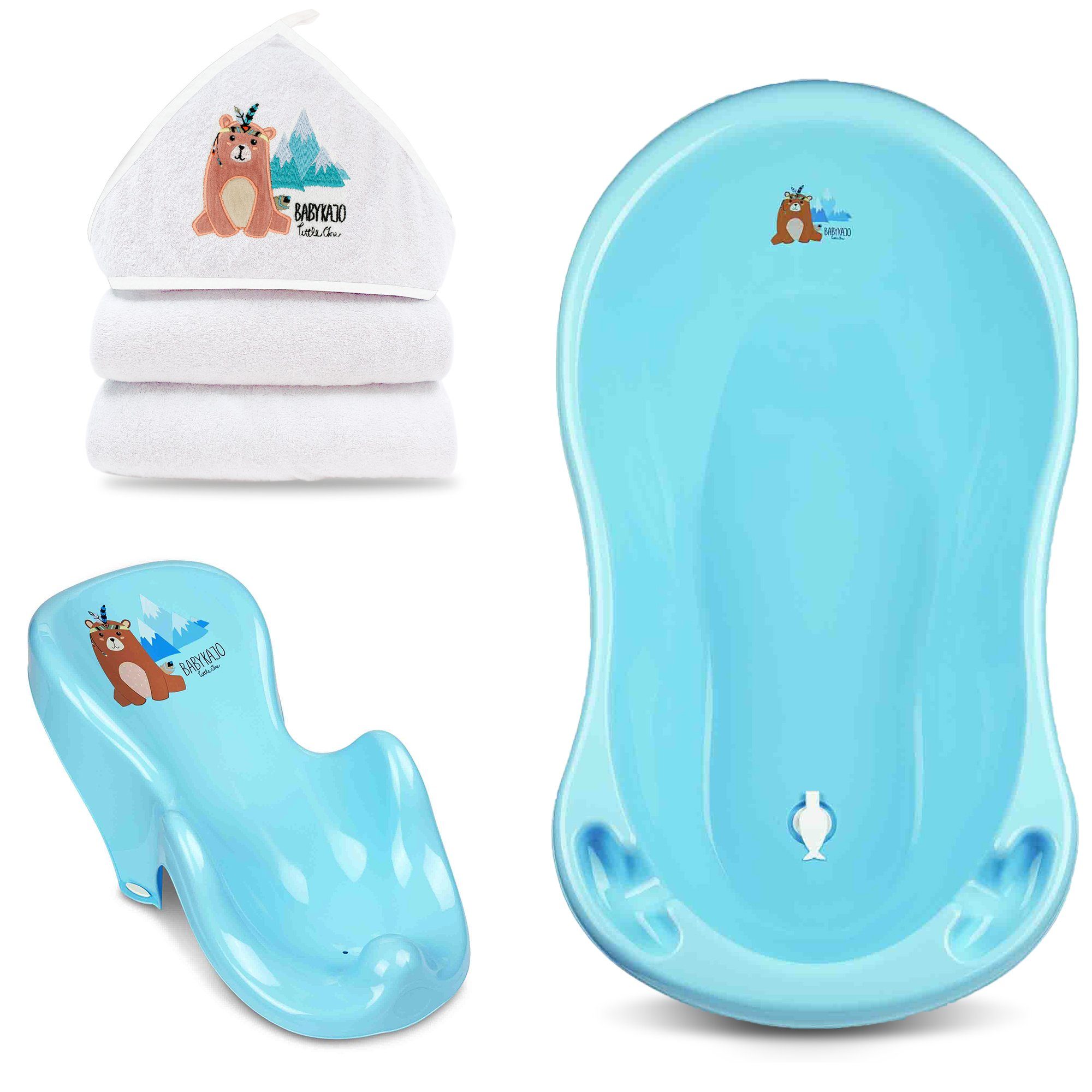 Babykajo Babybadewanne, (Set, 3-tlg), Baby Wanne, Wanneneinsatz, Kapuzenhandtuch Bärchen blau