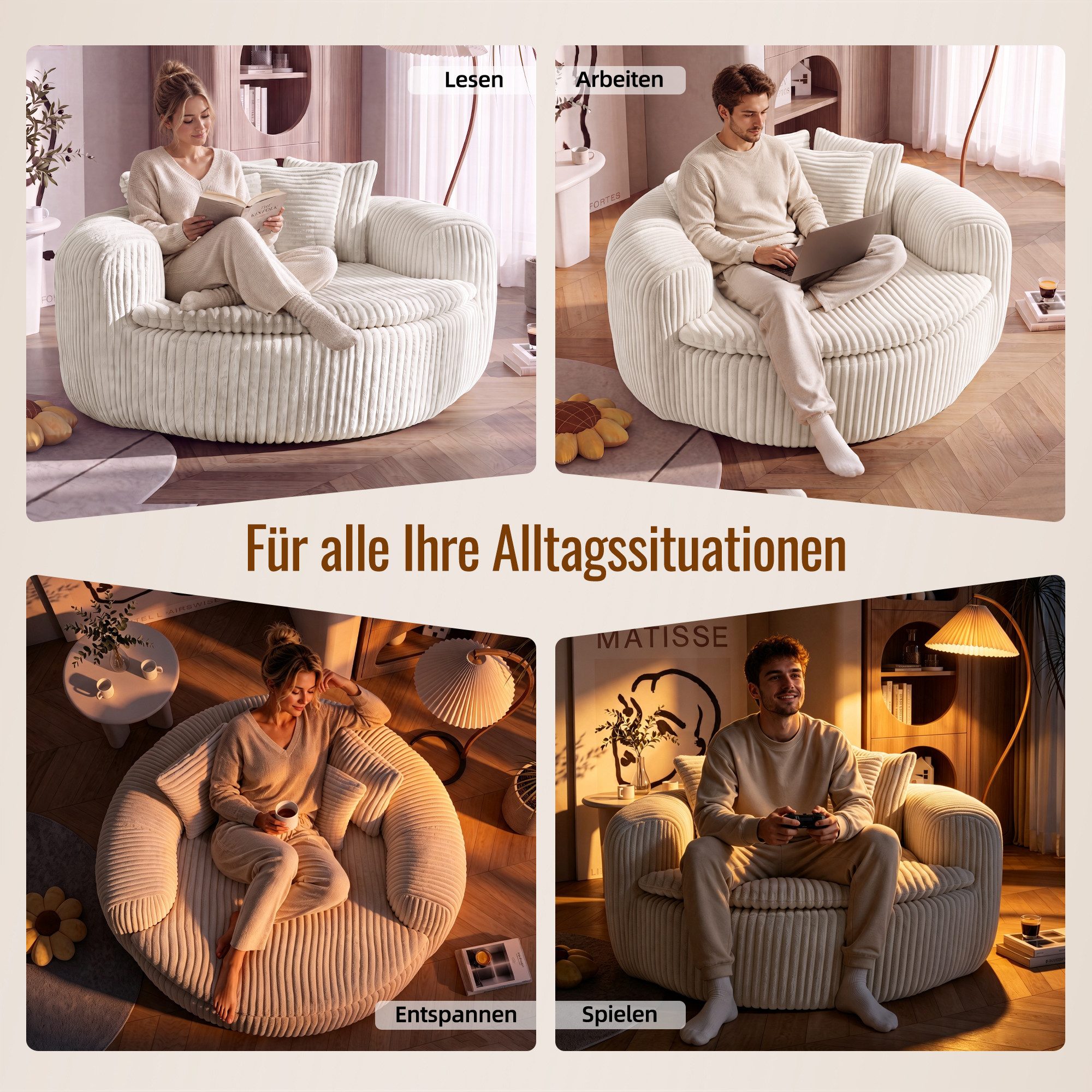 i@home Sitzsack Loungesessel Cord gepolstert, Relaxsessel Bodensessel (1 St., extrabreiter Sitzfläche und Armlehnen, rutschfest), Sessel mit Taschenfedern, 5 Ki – Bild 3 von 5