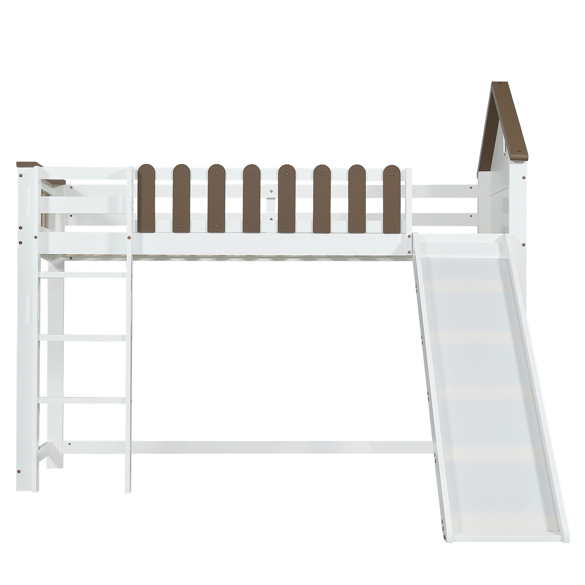 Flieks Hochbett Kinderbett Haus-Design 90x200cm mit dreistufiger Leiter und Rutsche