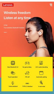 Lenovo XT90 mit Touch-Steuerung Bluetooth-Kopfhörer (True Wireless, Siri, Google Assistant, Bluetooth 5.0, kabellos, Stereo-Ohrhörer mit 300 mAh Kopfhörer-Ladehülle - Weiß)