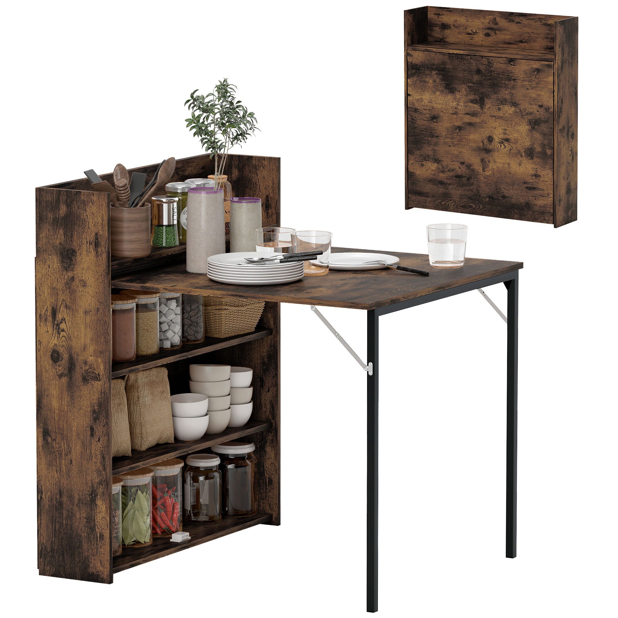 HOMCOM Klapptisch Esstisch Klappbar für 3 Personen mit 4-stufigen Regalen (Esszimmertisch, 1-St., Küchentisch), für kleine Räume, Küche, Esszimmer, 80 x 90 x 93 cm, Rustikal-Braun