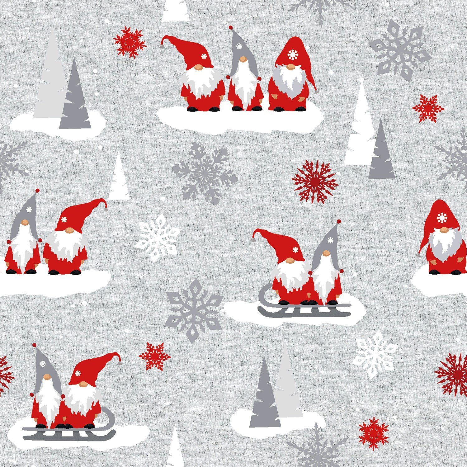 larissastoffe Stoff Weihnachtsstoff French Terry Wichtel Schlitten Zwerg grau, Meterware, 50 cm x 150 cm