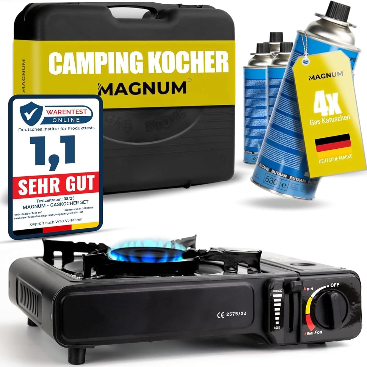 Magnum Wave Gaskocher Gaskocher Camping [2,1 kW] Piezozündung Tragekoffer 4 Kartuschen, 2,1 kW · Piezozündung · Tragekoffer · 4 Kartuschen inkl.