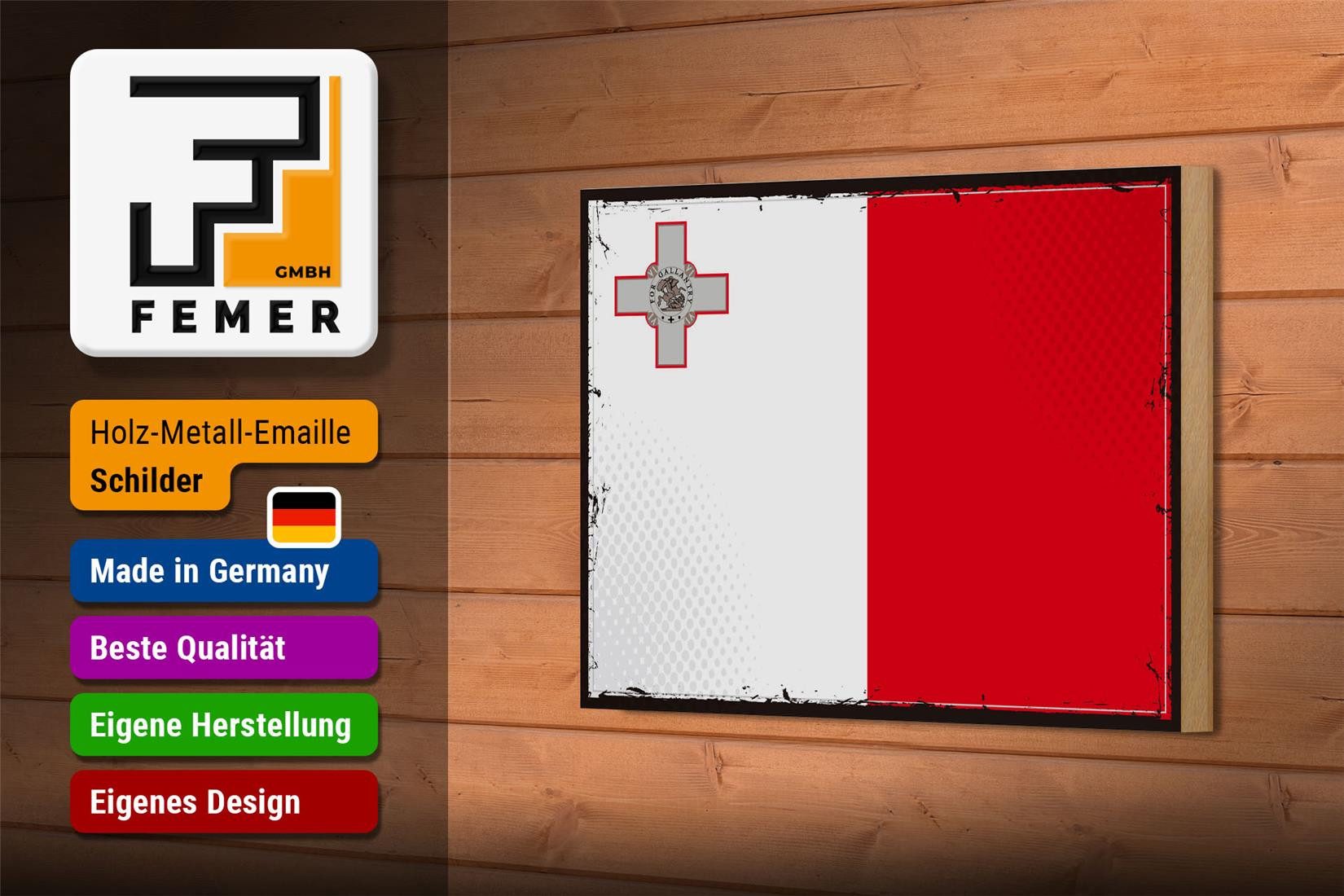 Femer GmbH Holzbild Flagge Maltas 18x12 cm Retro Flag of Malta, Flaggen (1 St), Glatte Holzfaserplatte (MDF), vorn beschichtet