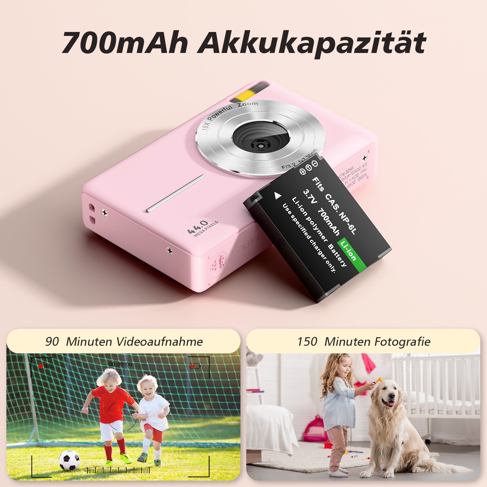 AKKEE Digitalkamera 1080P 44MP Kompaktkamera mit 32G Karte 16X Digitalzoom Kompaktkamera (44 MP, Anti-Shake, Serienaufnahmen, Timer-Aufnahme, Gesichtserkennung) – Bild 5 von 5