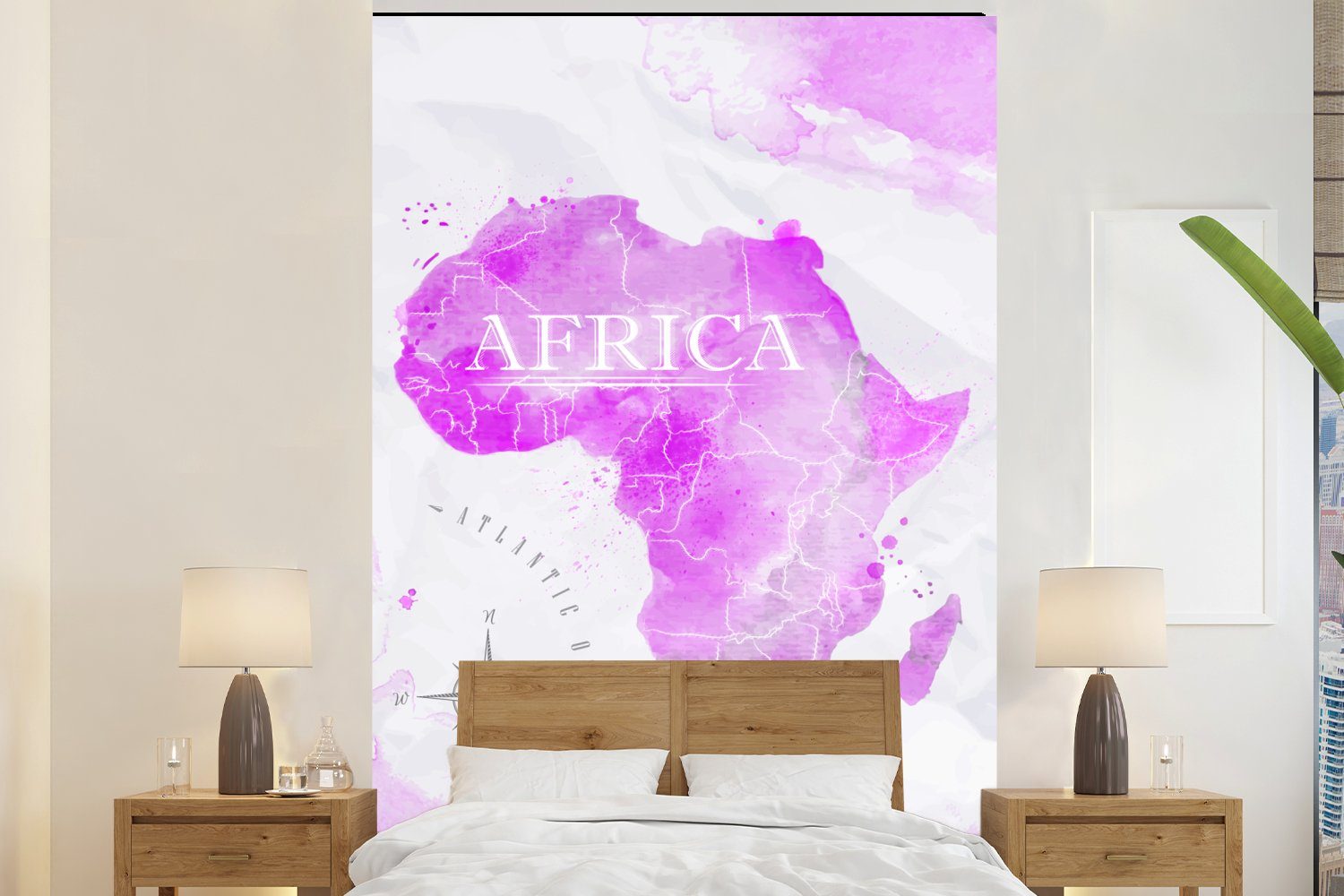 MuchoWow Fototapete Weltkarte - Rosa - Afrika, Matt, bedruckt, (3 St), Montagefertig Vinyl Tapete für Wohnzimmer, Wandtapete