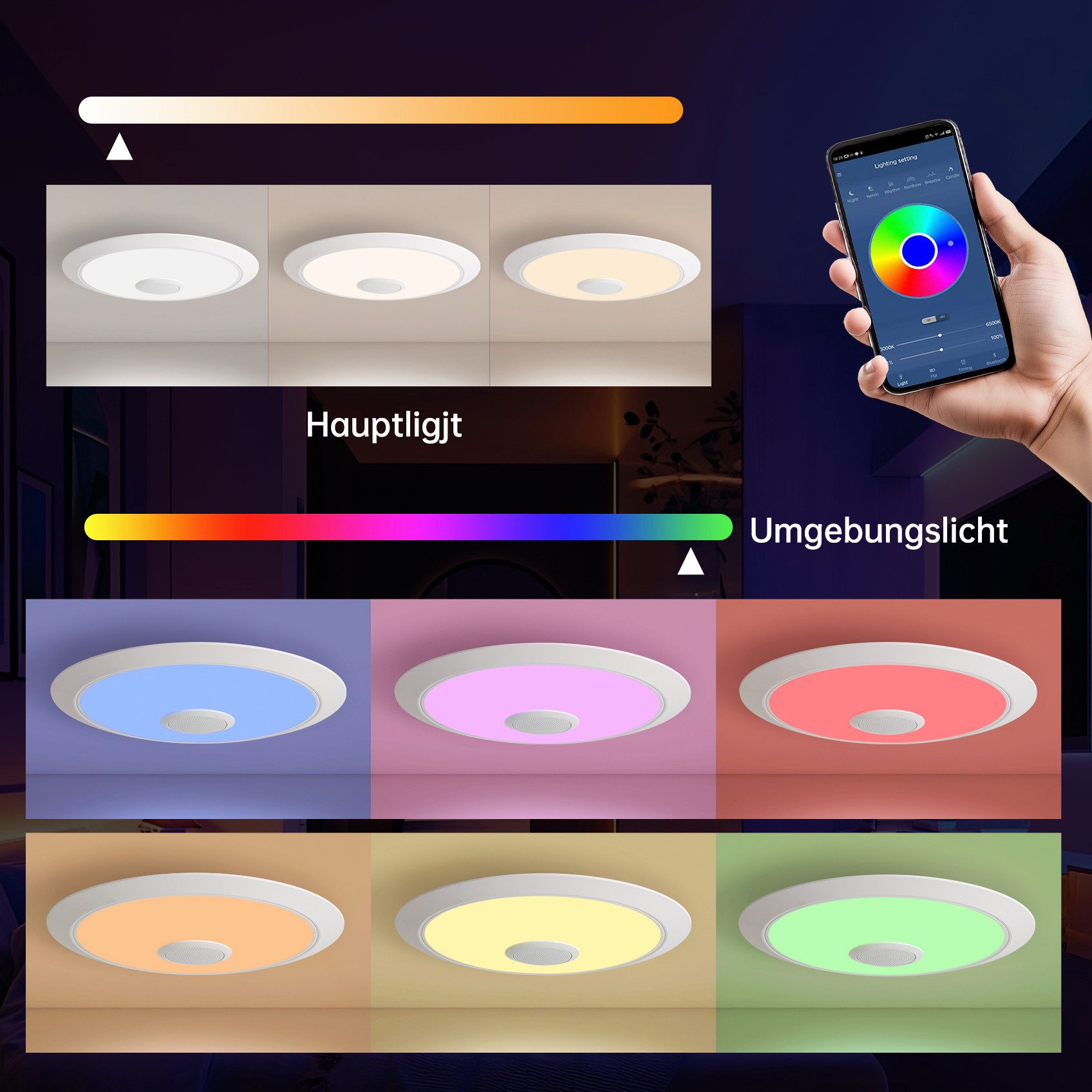 JDONG LED Deckenleuchte Dimmbar mit Bluetooth Lautsprecher 30cm/40cm/50cm, LED Deckenlampe mit Fernbedienung oder APP-Steuerung, 3000-6500K RGBW Farbwechsel, Musikwiedergabe für Schlafzimmer Badezimmer Wohnzimmer