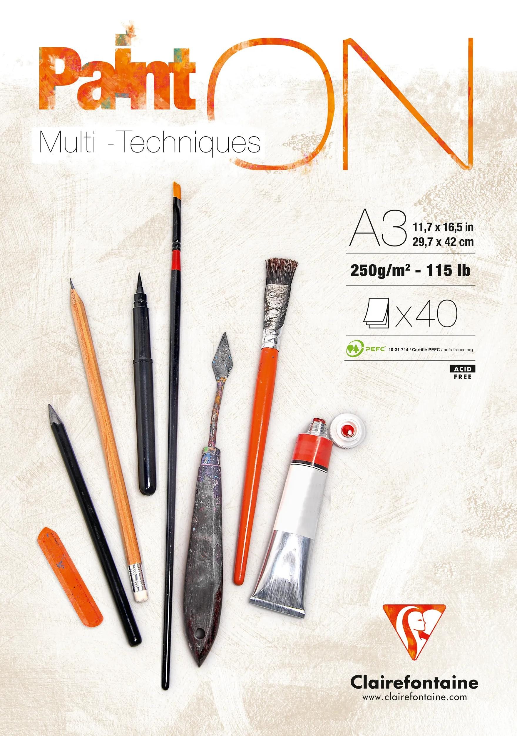 CLAIREFONTAINE Zeichenpapier 2x PaintON feinkörnig, Block A3, kopfseitig 40 Blatt weiß 96536C, Kunst Clairefontaine