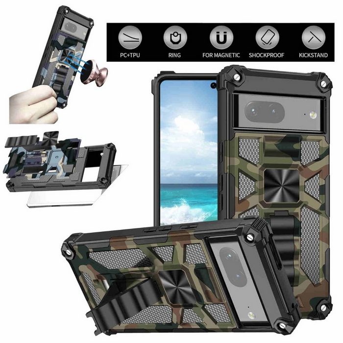 Wigento Handyhülle Für Google Pixel 7 Camouflage Shockproof Armor Military TPU Schutz Tasche Hülle Cover Navy Grün