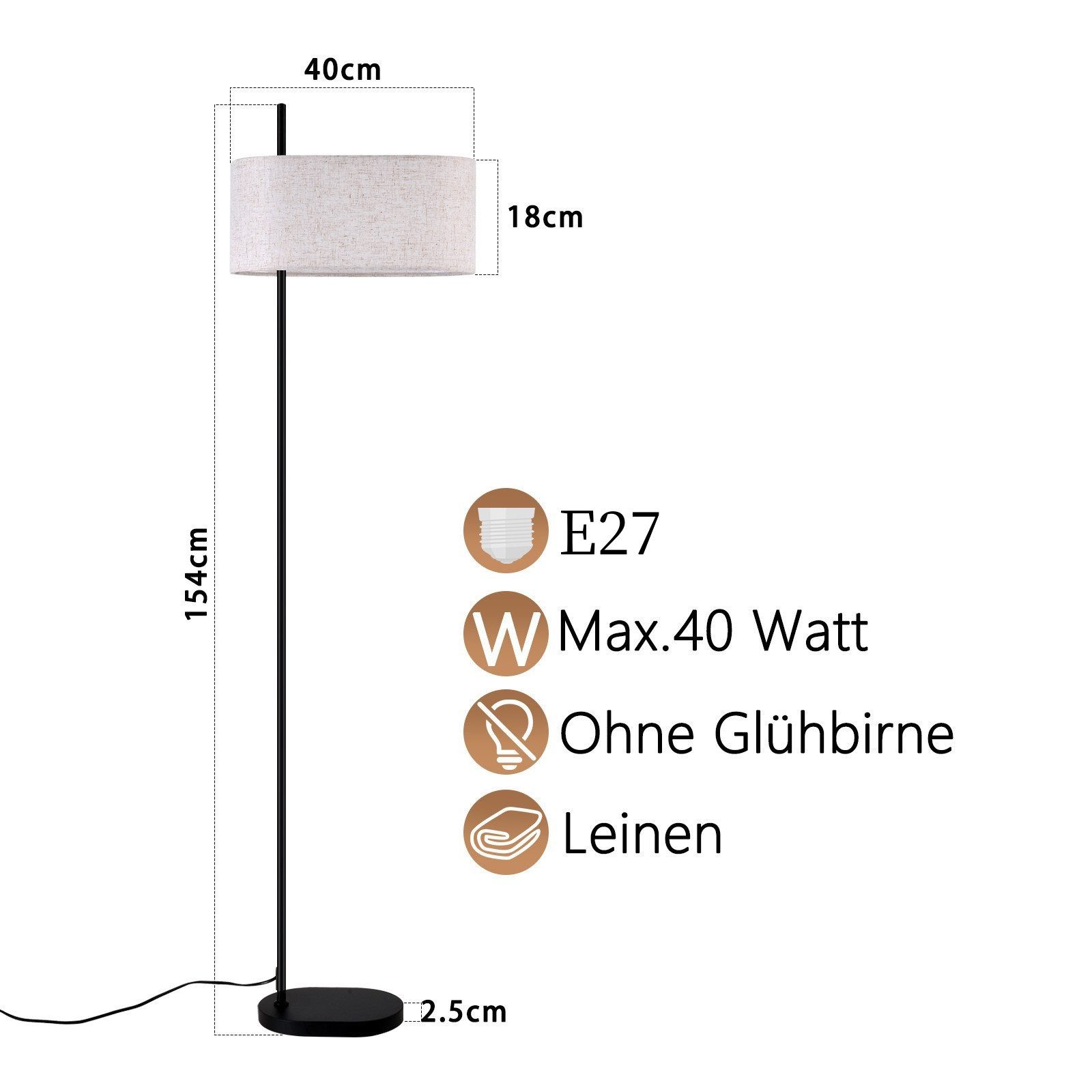 ZMH Stehlampe Wohnzimmer Retro E27 Metall Stehleuchte Stoffschirm Schlafzimmer, Hochwertiges Design, ohne Leuchtmittel, Metall & Stoff,dekoration wohnzimmer,für – Bild 3 von 5