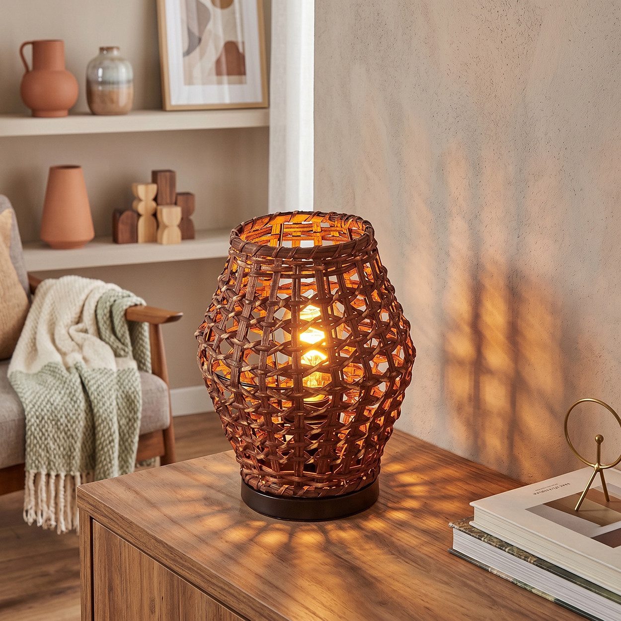hofstein Tischleuchte Tischlampe aus Metall/Rattan in Schwarz/Braun im Vintage/Boho-Design, ohne Leuchtmittel, Tischlampe mit Lichteffekt und Schalter am Kabel, Höhe 29,5 cm, E27