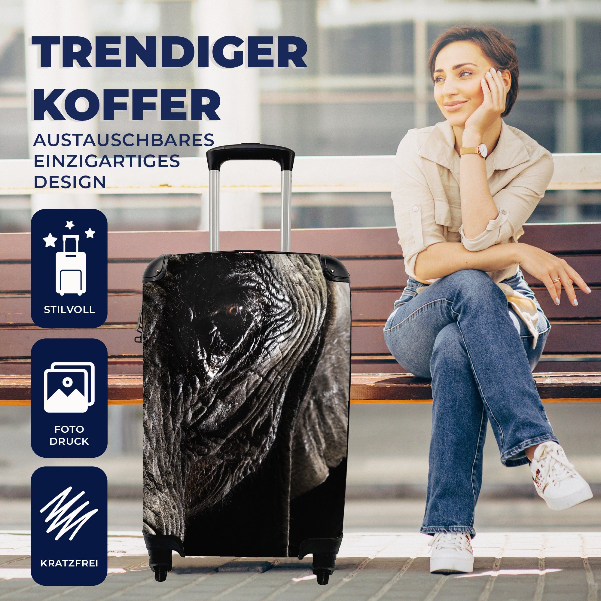 Nahaufnahme - Reisetasche - Handgepäckkoffer Rollen, für mit 4 Ferien, Reisekoffer - Handgepäck MuchoWow Tiere Trolley, rollen, Elefant Schwarz,