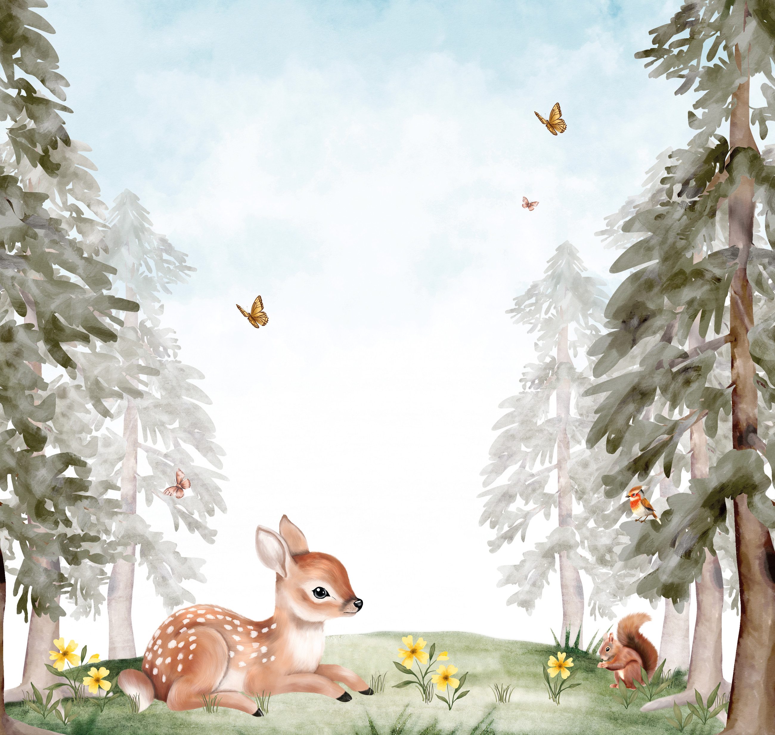 Rasch Fototapete Bambi in Braun - Kinderzimmer, Roomblush - RB453, glatt, Wald, gemustert, (1 St), Rehkitz, Cartoon