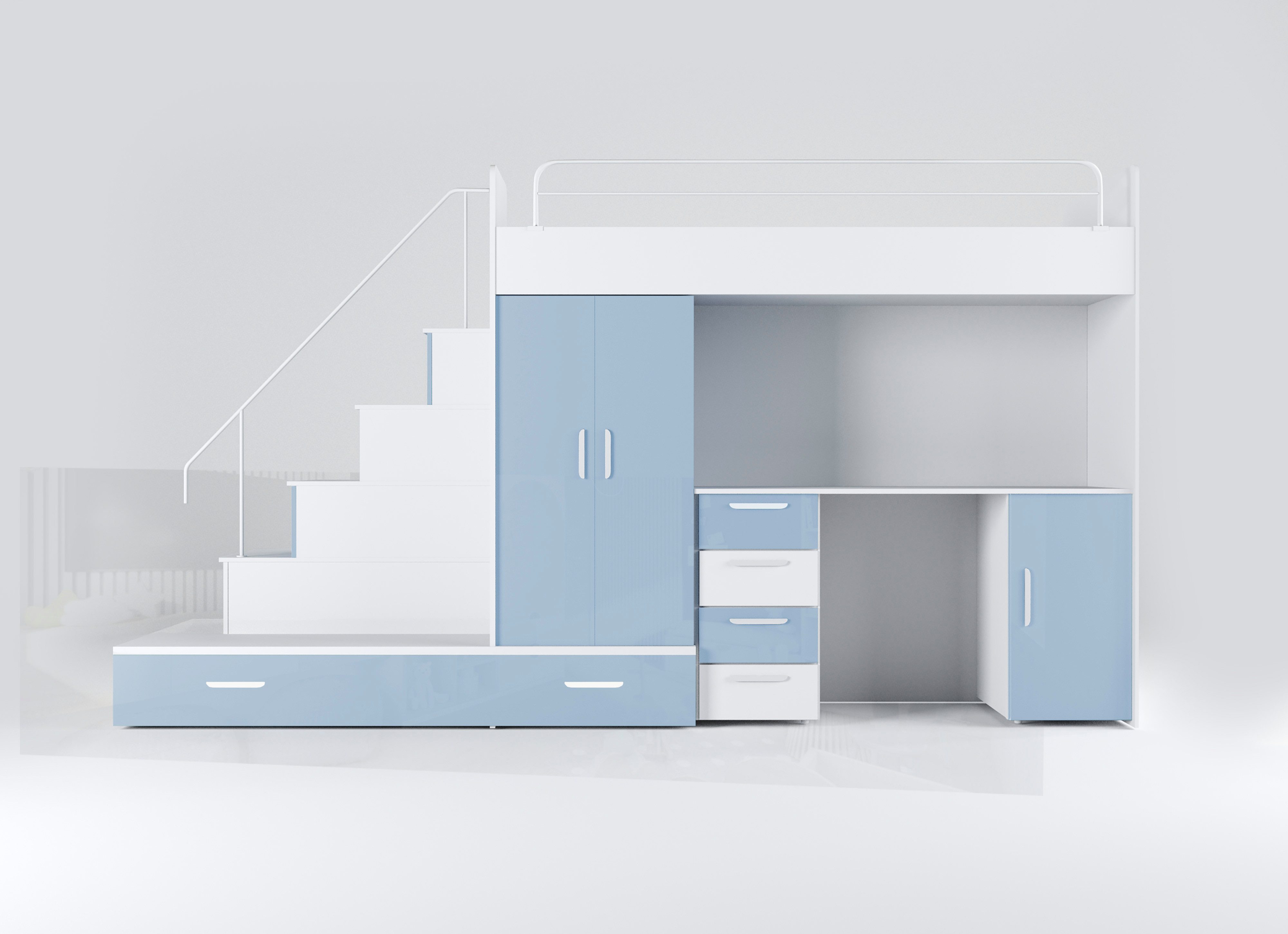 Luxusbetten24 Hochbett Kinderhochbett Adventure mit Schreibtisch, Kleiderschrank und Staufächern