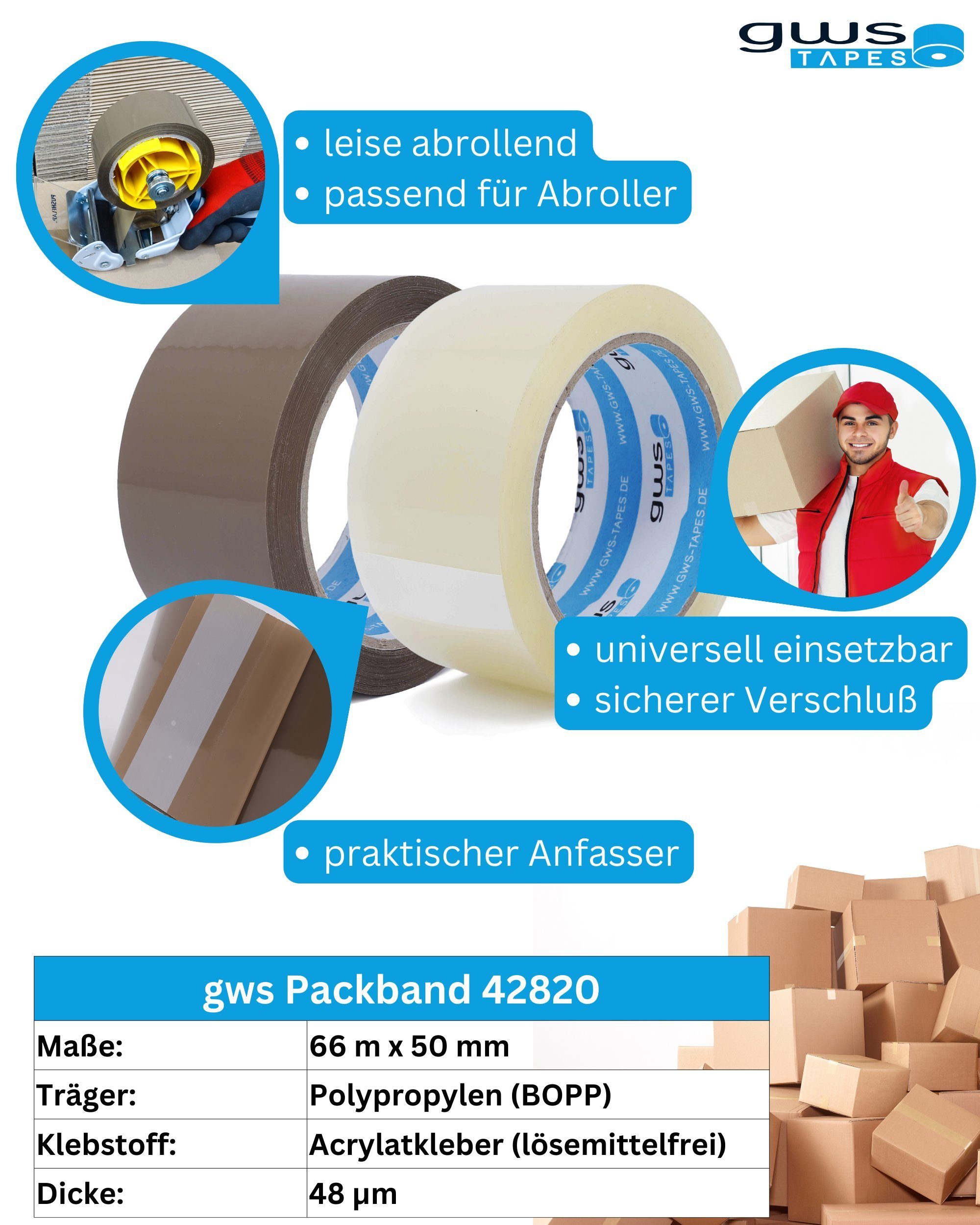 abrollend x 42820 gws Packband (BOPP)-Träger, geräuscharm gws leise Klebeband abrollend Acrylat-Kleber, m farblos, 50 PP leise braun) PP-Film 66 (Packband, mm 6-St.,