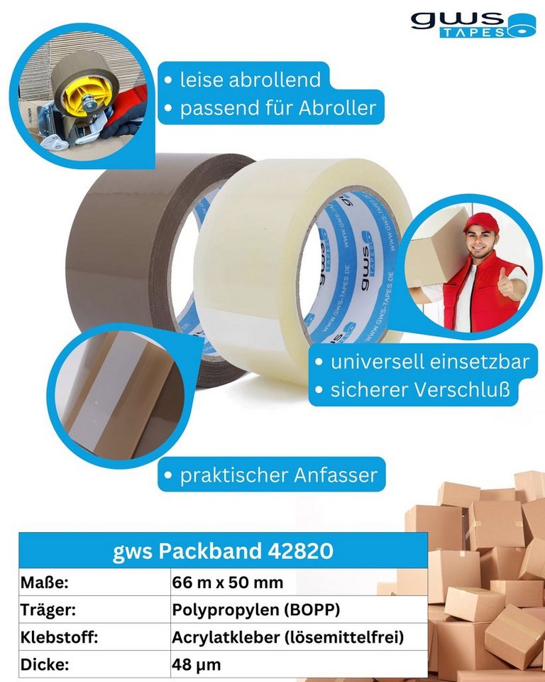 Thumbnail - gws Klebeband gws 42820 Packband PP leise abrollend 66 m x 50 mm leise abrollend (Packband, 36-St., farblos, braun) PP-F...