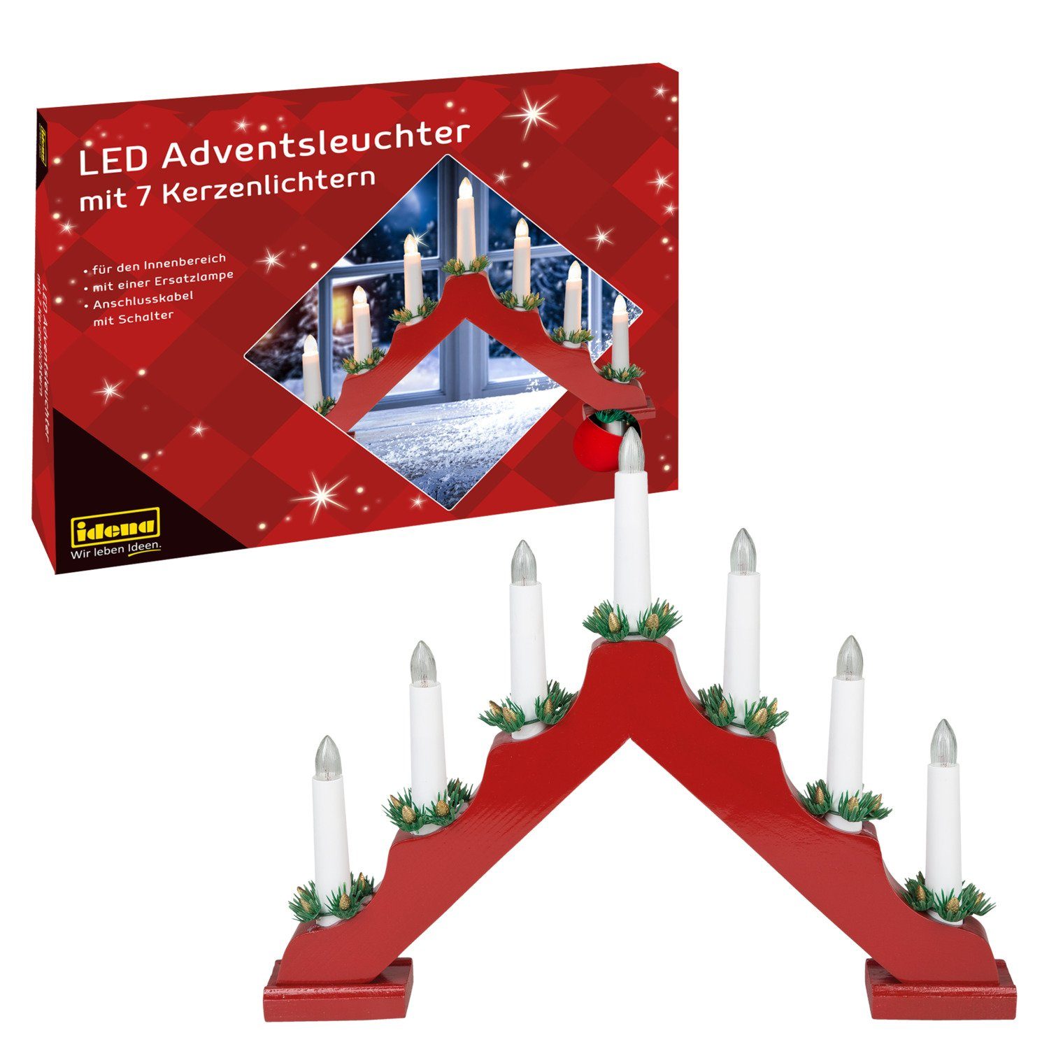 Idena Рождественский подсвечник Idena 31604 - LED Рождественский подсвечник aus rot lackiertem Holz mit 7 warmwe