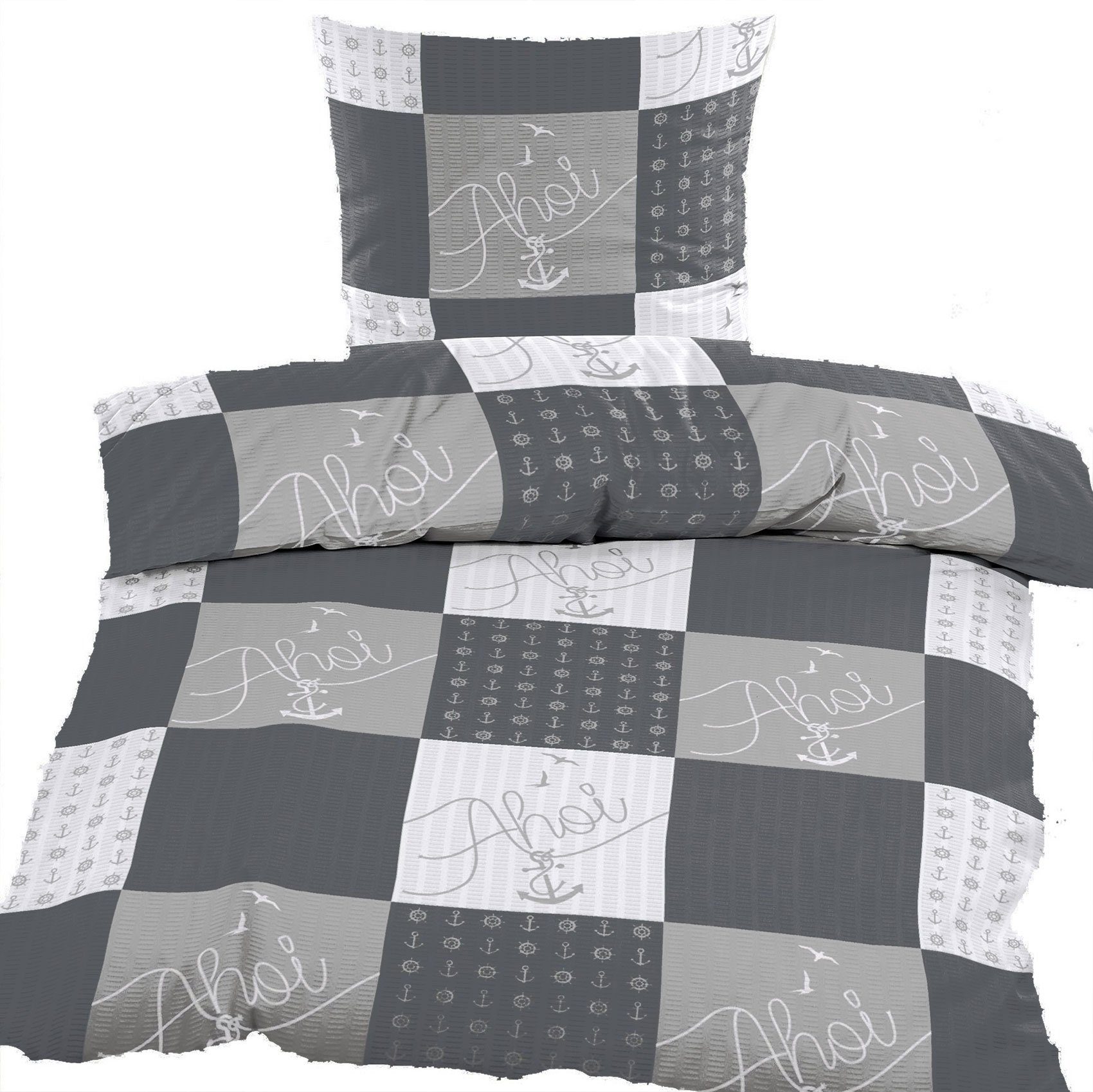 KH-Haushaltshandel Bettwäsche 2-tlg. Seersucker Bettwäsche 135x200 +80x80cm, Leuchturm, Seersucker, 2 teilig, martim, Leuchturm/Streifen, bügelfrei