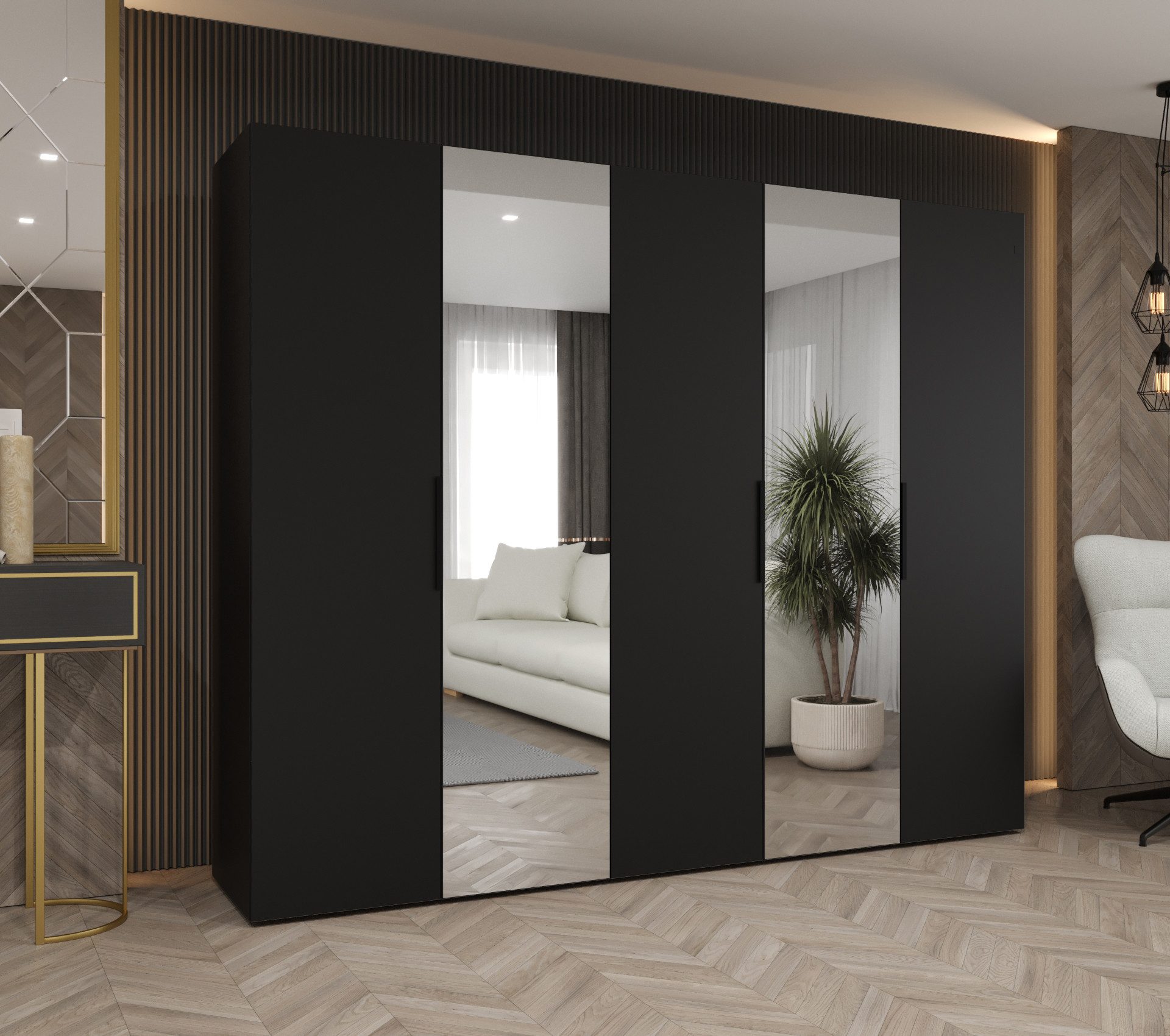 MOEBLO Drehtürenschrank SOLENA 2 (mit Spiegel – Moderner Kleiderschrank mit Soft-Close, Einlegeböden & Kleiderstange, verschiedene Breiten & Farben, Schrank Garderobe Schlafzimmer Drehtürenschrank) (BxHxT): 100/150/200/250/300x202x52 cm