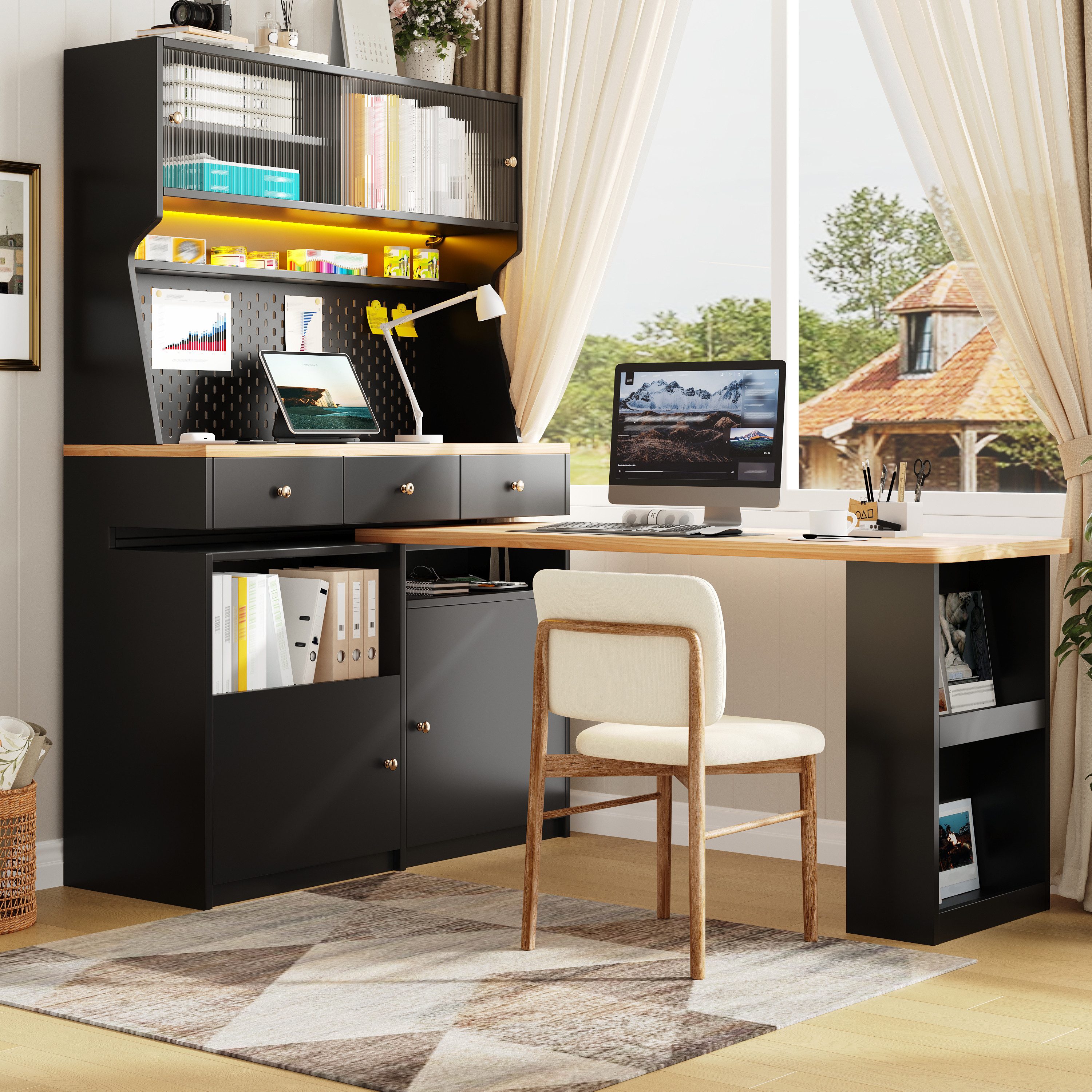 i@home Eckschreibtisch Hochschrank mit ausziehbarer Tischplatte, Schiebetüren (Küchenschrank, 2-St., mit 3 Schubladen und LED), Sideboard mit Stecktafel für Küche Esszimmer und Arbeitszimmer