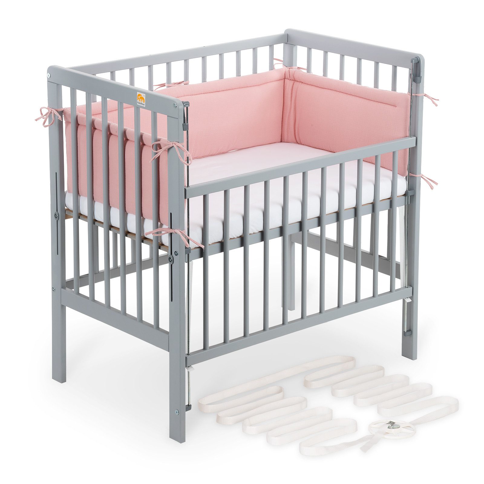 FabiMax Beistellbett Beistellbett Flex 90x55, TÜV geprüft, aus Buchenholz grau lackiert, stufenlos höhenverstellbar, passend für Boxspringbetten, 2 in 1