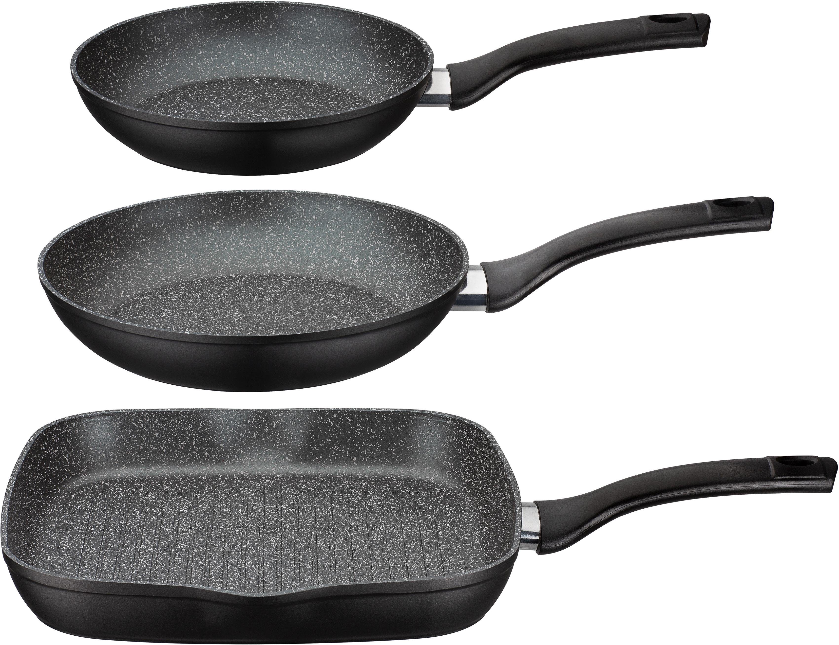 GSW Pfannen-Set Gourmet Granit, Aluminium (Set, 4-tlg., 1x Bratpfanne Ø 20 cm, 1x Bratpfanne Ø 24 cm, 1x Grillpfanne Ø 28 cm), Induktion