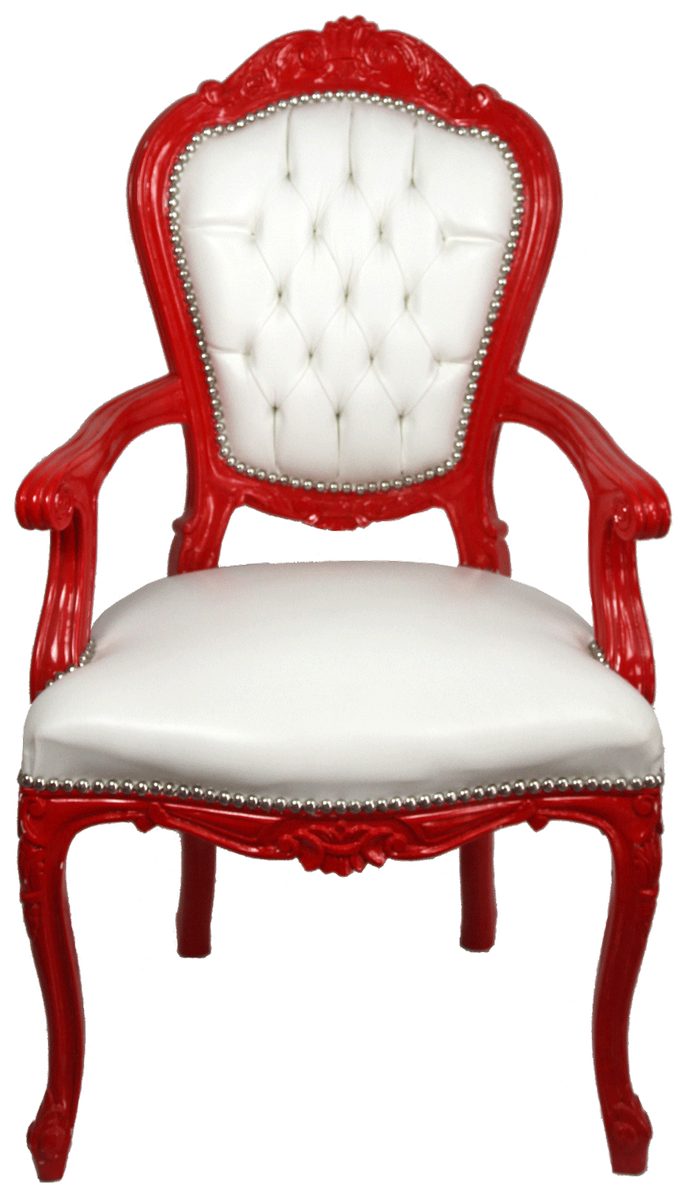 Casa Padrino Esszimmerstuhl Luxus Barock Esszimmer Stuhl mit Armlehnen Weiß / Rot - Handgefertigter Küchen Stuhl mit edlem Kunstleder - Barock Esszimmer Möbel