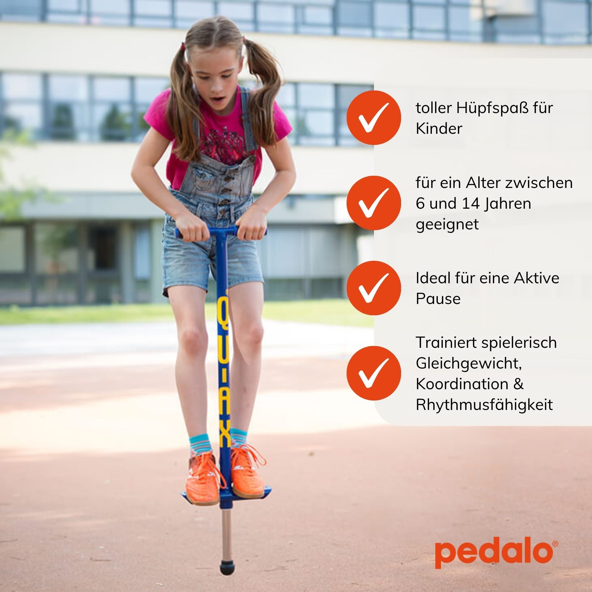 pedalo® Hüpfspielzeug Pogo-Stick Hüpfstab, Sprungstab, Hüpfstange, (komplett montiert einsatzbereit), Federkern, Antirutsch Gummikugel, Griffe gepolstert