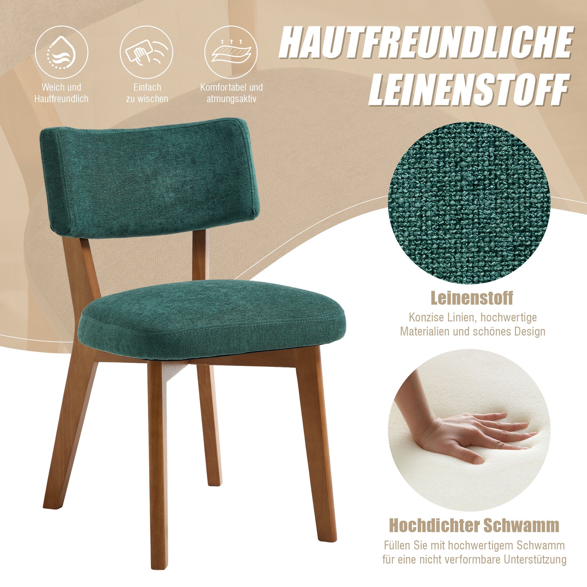 OKWISH 4-Fußstuhl Esszimmerstuhl (2er-Set mit Holzbeinen & gepolstertem Stoff), Polsterstuhl, ergonomisch