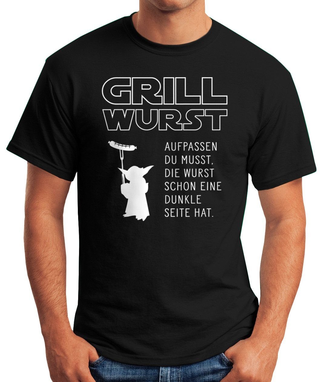 Wurst Nerd musst, Grill schon Print hat Herren mit Seite Barbecue MoonWorks BBQ Wurst Aufpassen Print-Shirt dunkle Moonworks® T-Shirt Fun-Shirt eine die du