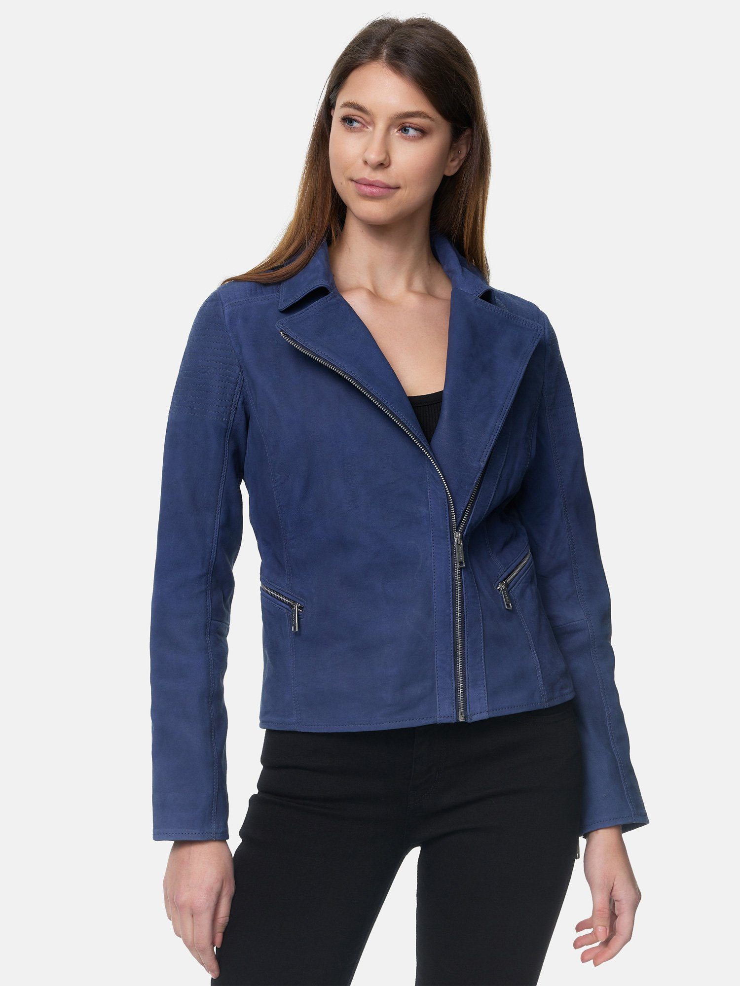 Lederjacke F500 Tazzio Damen mit Leder im Reverskragen & Biker Zipper-Details Jacke blau Look