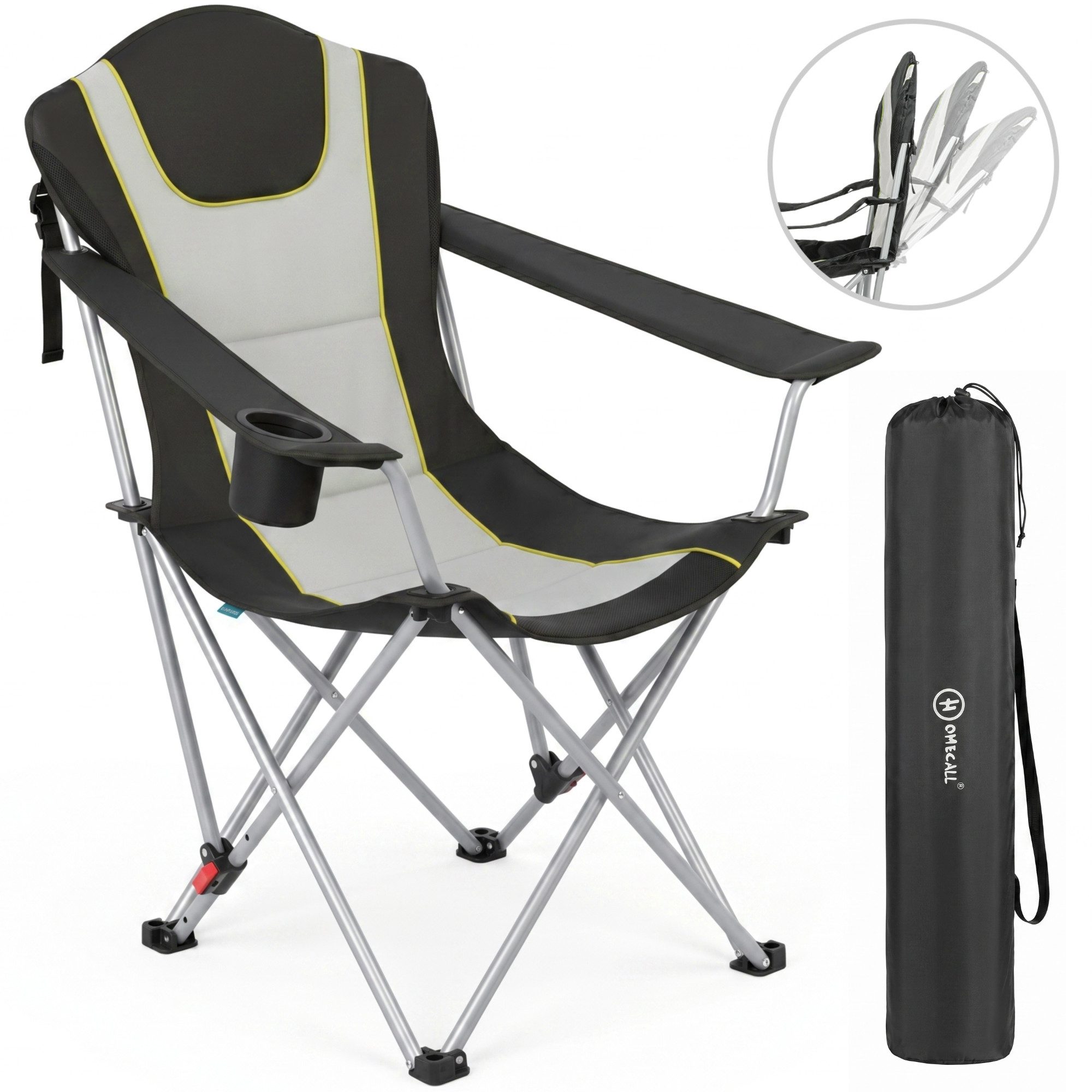 HOMECALL Campingstuhl mit Liegefunktion camping klappstuhl gepolstert gartenstuhl (Getränkehalter, Gepolstert, bis 150KG, 1 St), 3 fach Verstellbare Rückenlehne