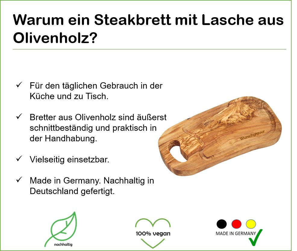 Olivenholz-erleben Schneidebrett Steakbrett naturell mit antibakterielle mit Wirkung, (1-St), Saftrille schnittbeständig / 50-55cm, / Grifflasche