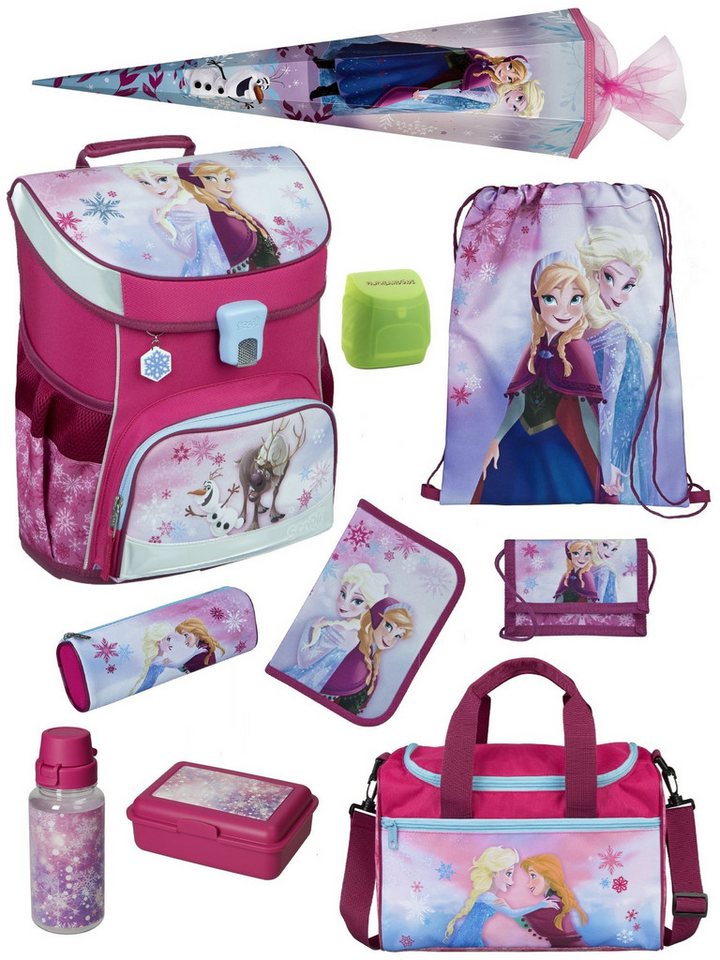 Scooli Schulranzen Campus Fit Frozen, Eiskönigin Rosa, Schultasche ab der 1. Klasse (Komplett-Set, 10-tlg., mit Lunch-Set, Sporttasche und Schultüte 85cm), mit Brustgurt, 980 Gramm leicht, 18L Volumen