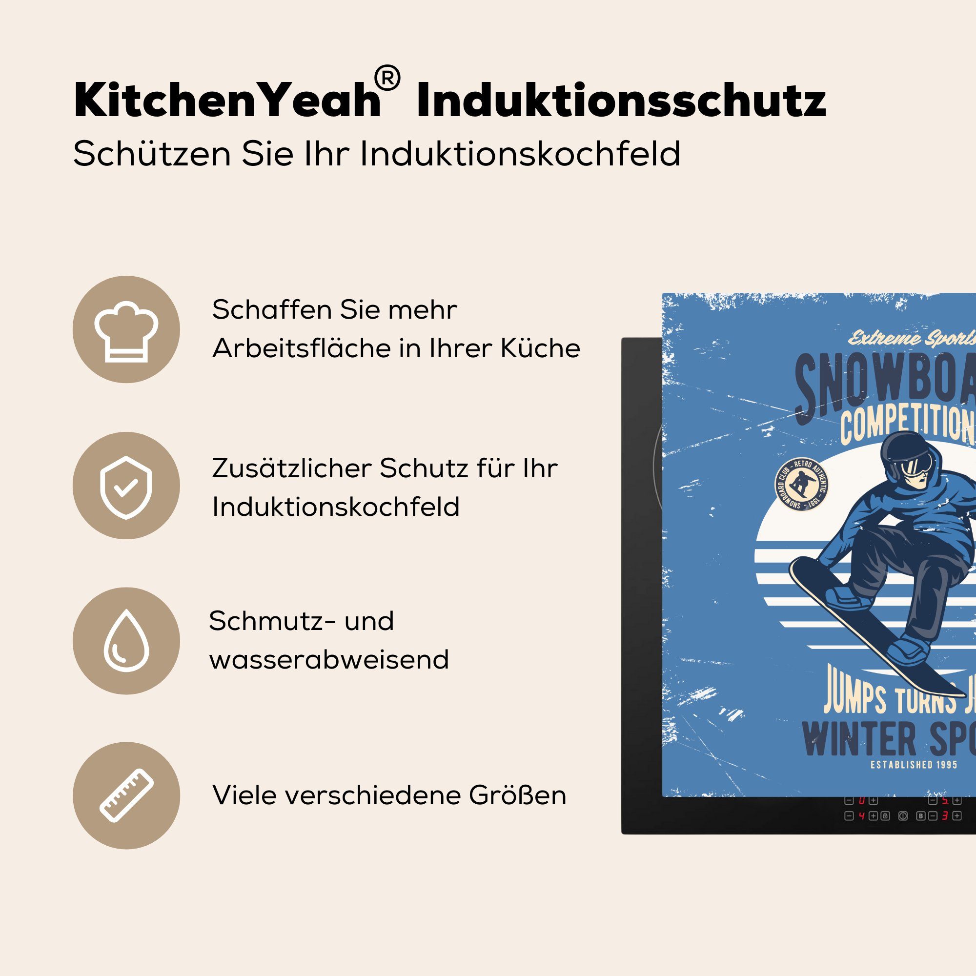 cm, küche für Retro, - Snowboard 78x78 MuchoWow Wintersport Vinyl, tlg), - Ceranfeldabdeckung, (1 Herdblende-/Abdeckplatte Arbeitsplatte