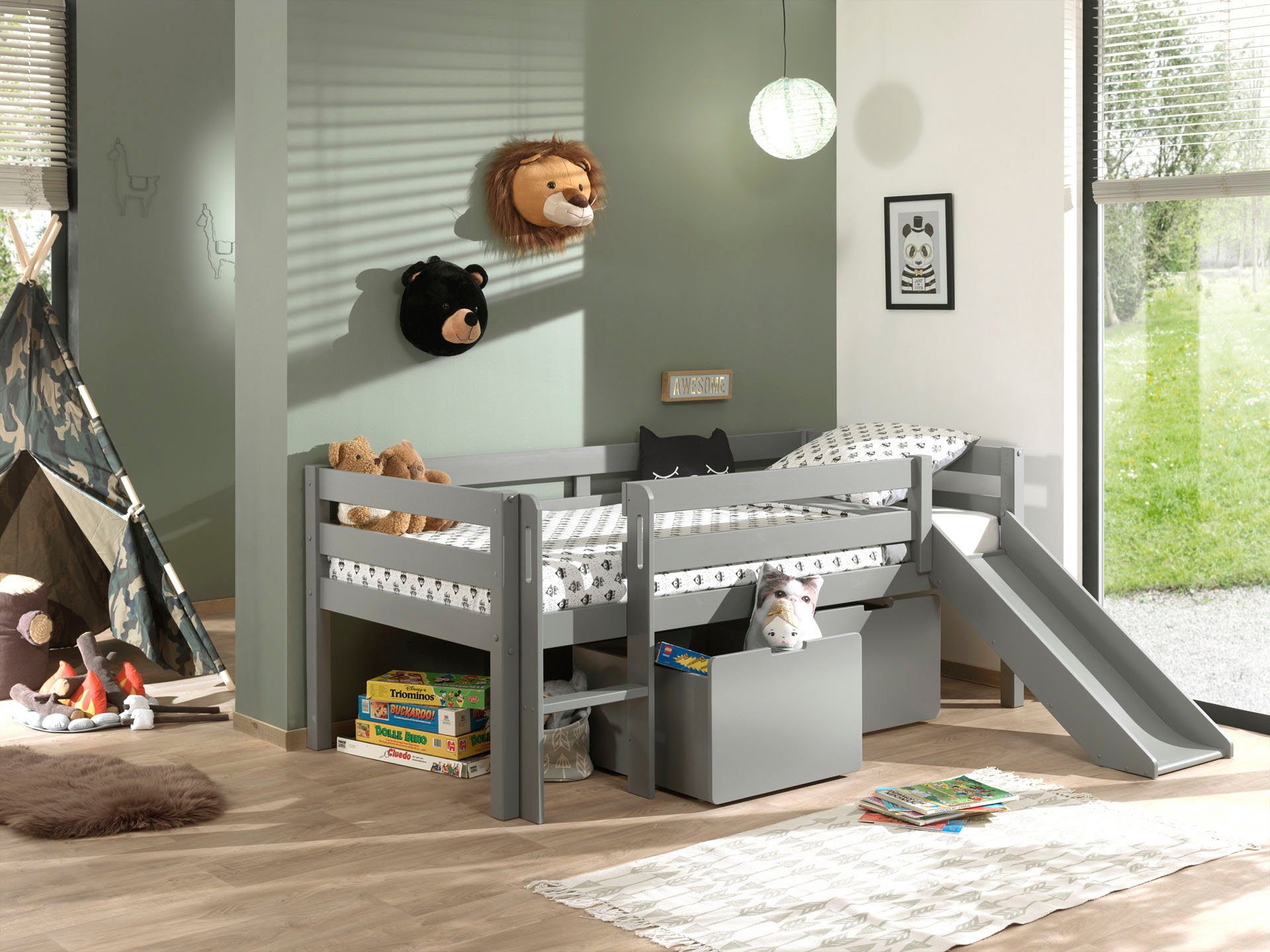 Vipack Spielbett Pino, Kiefer massiv, mit Rolllattenrost, 2 Rollboxen, Made in Europe (B/H/T ca. 207,6x83x175cm, inkl. Leiter, Absturzschutz und Rutsche), wahlweise mit oder ohne Hängeregal, 2 Farben zur Auswahl