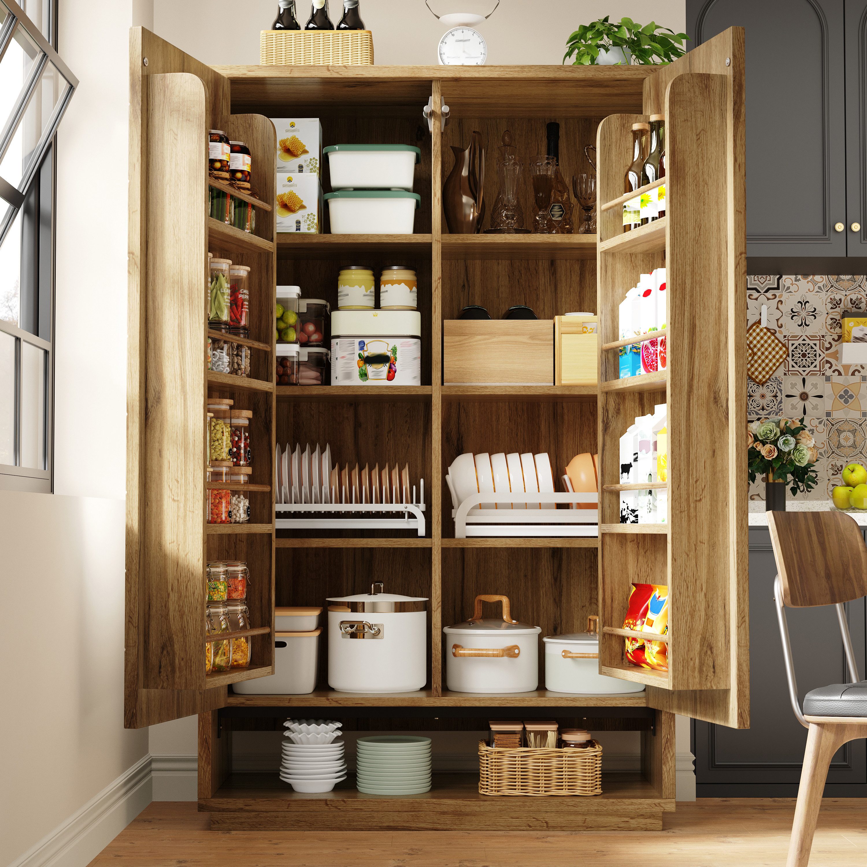 KLAM HOME Hochschrank Hochschrank 162cm mit 8 Fächern und Push-to-Open für Küche (Küchenschrank mit 8 offenen Staufächern, grifflos, mit Kippsicherung) Standschrank in Eiche hell / Dunkelbraun mit 8 Ablageebenen aus MDF