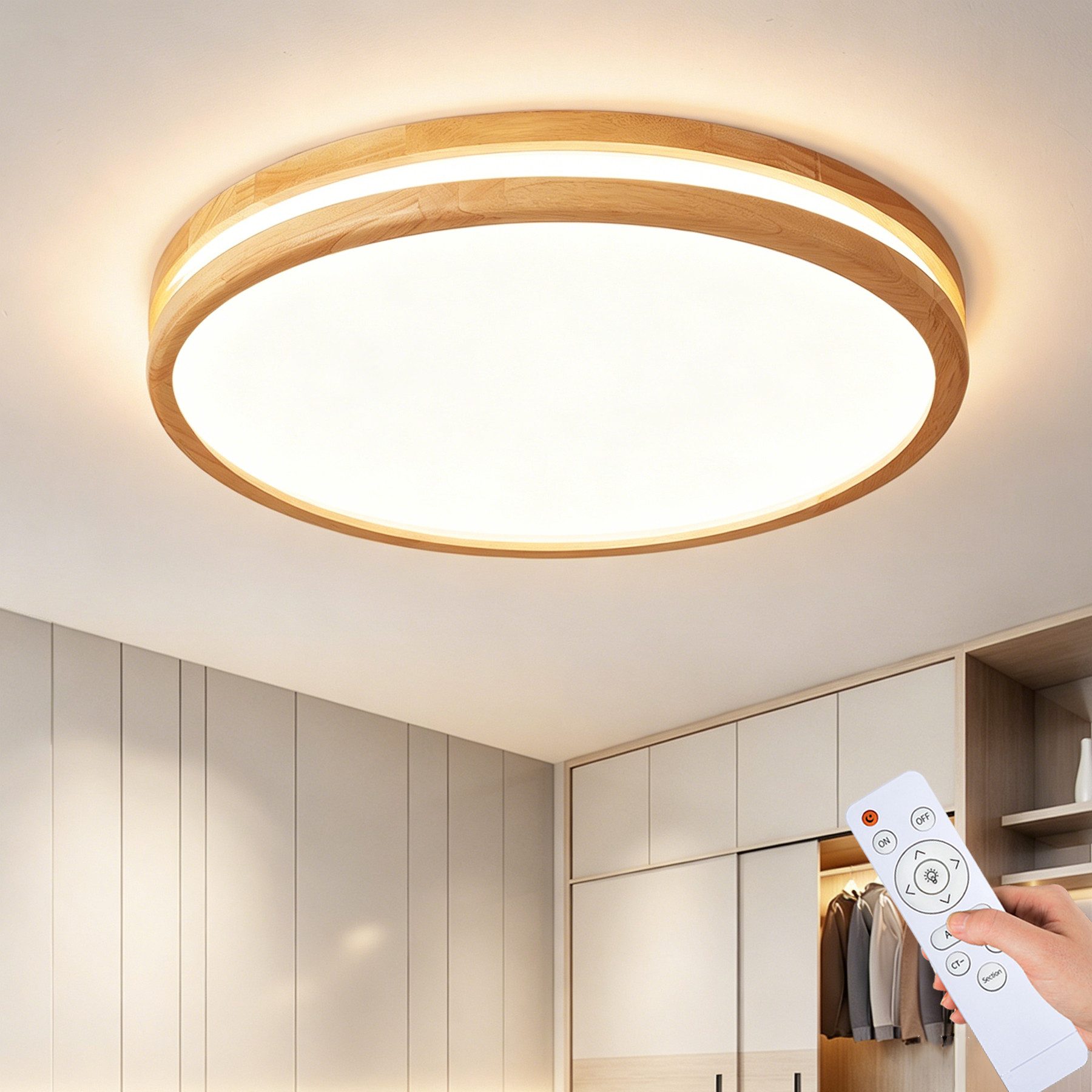 style home LED Deckenleuchte Deckenlampe, 96W-Ø50x5cm, LED fest integriert, warmweiß bis kaltweiß 3000-6000K, dimmbar mit Fernbedienung, für Wohnzimmer Schlafzimmer Büro Küche, 50x50x6cm, Holz