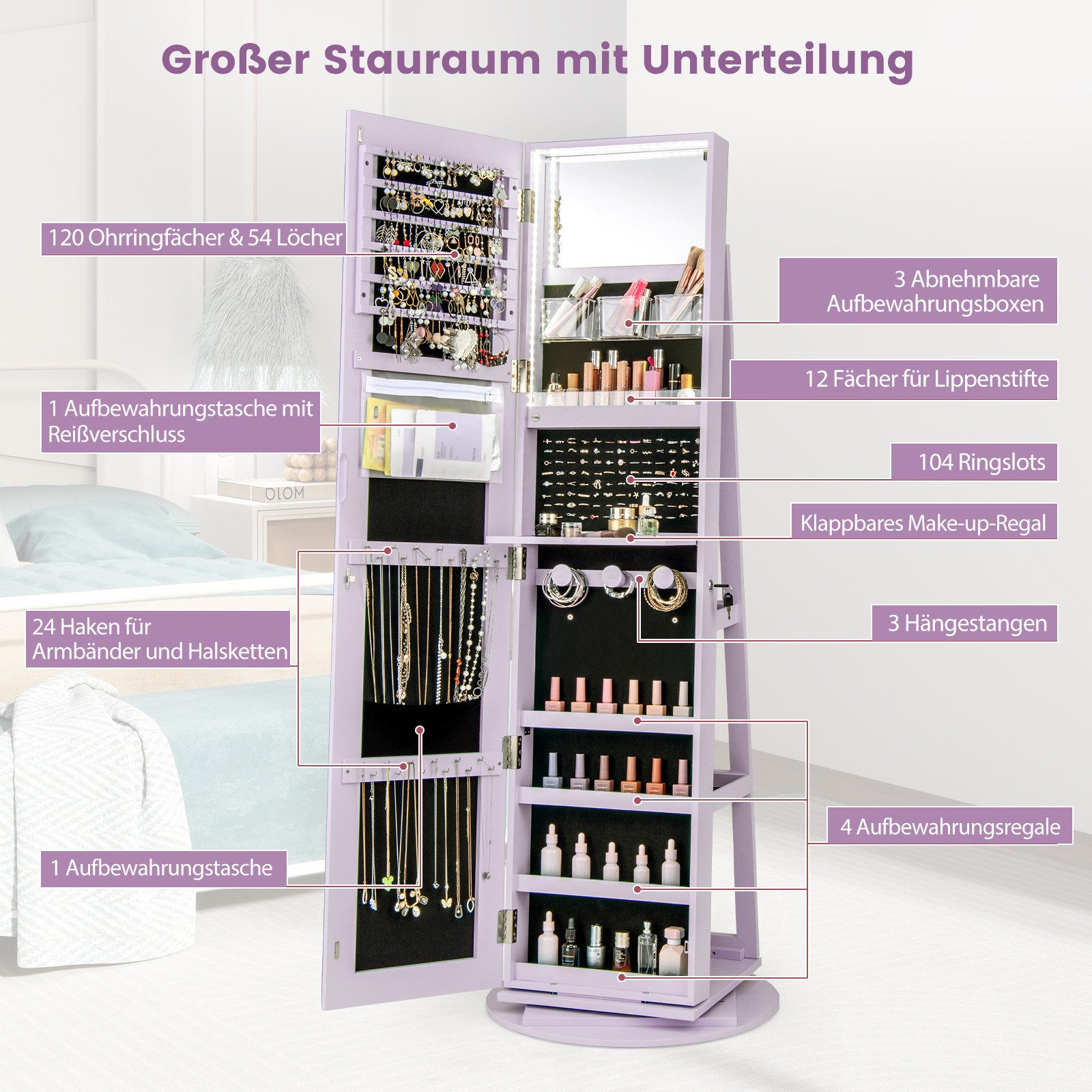 COSTWAY Schmuckschrank mit Ganzkörperspiegel & LED stehend, drehbar, abschließbar – Bild 4 von 5