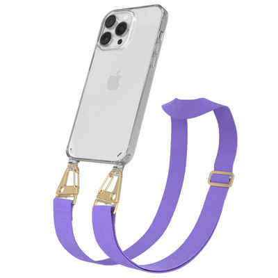 EAZY CASE Handykette Silikon Kette Karabiner für iPhone 14 Pro Max 6,7 Zoll, Hülle mit Band 2in1 Handyband Etui Case mit Kordel Flieder Lila Gold