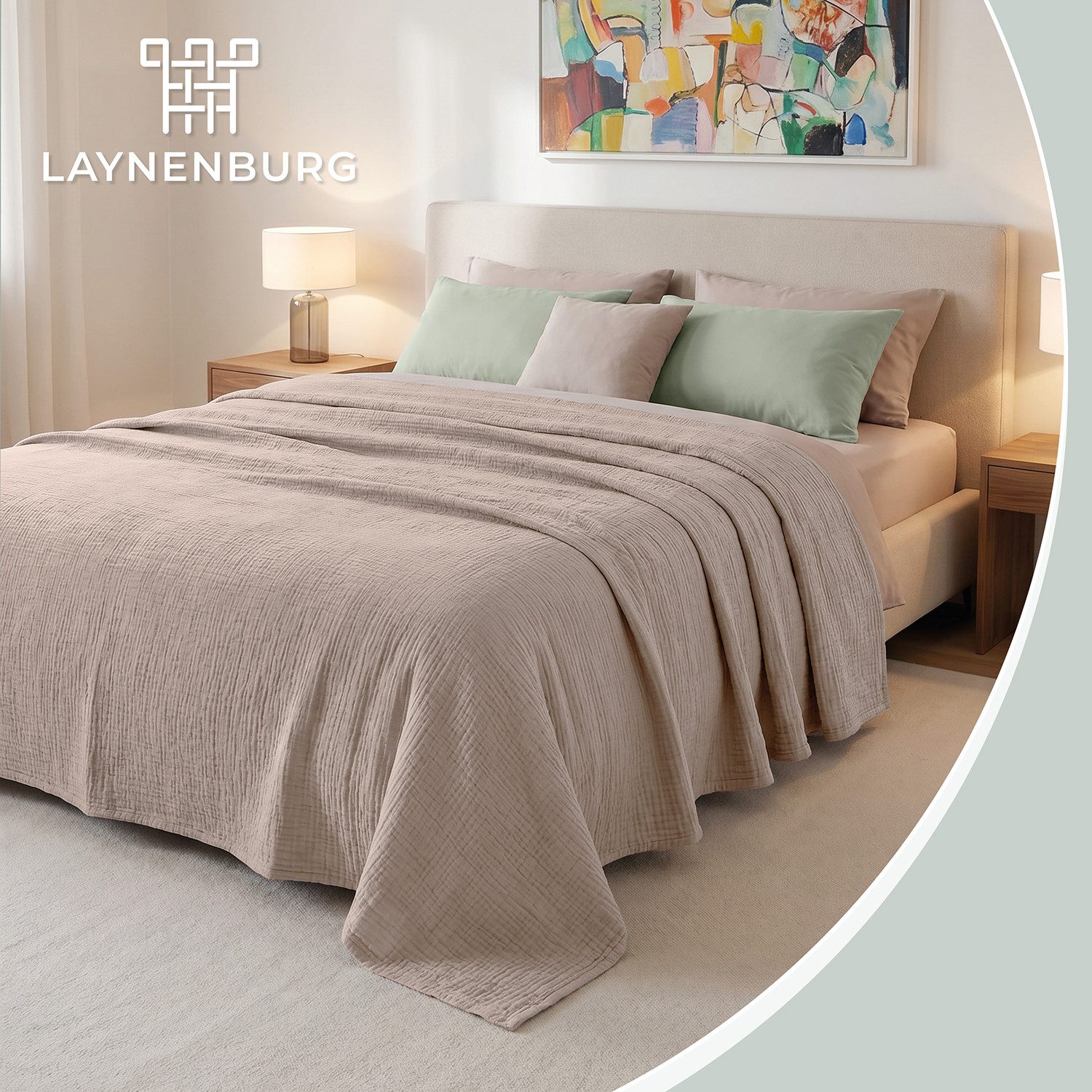 Laynenburg Tagesdecke Musselin aus 100% Baumwolle – Baumwolldecke, Kuscheldecke, Wohndecke als Sommerdecke, Bett-Überwurf, Couch-Überwurf, Sofa-Decke – Bild 2 von 5