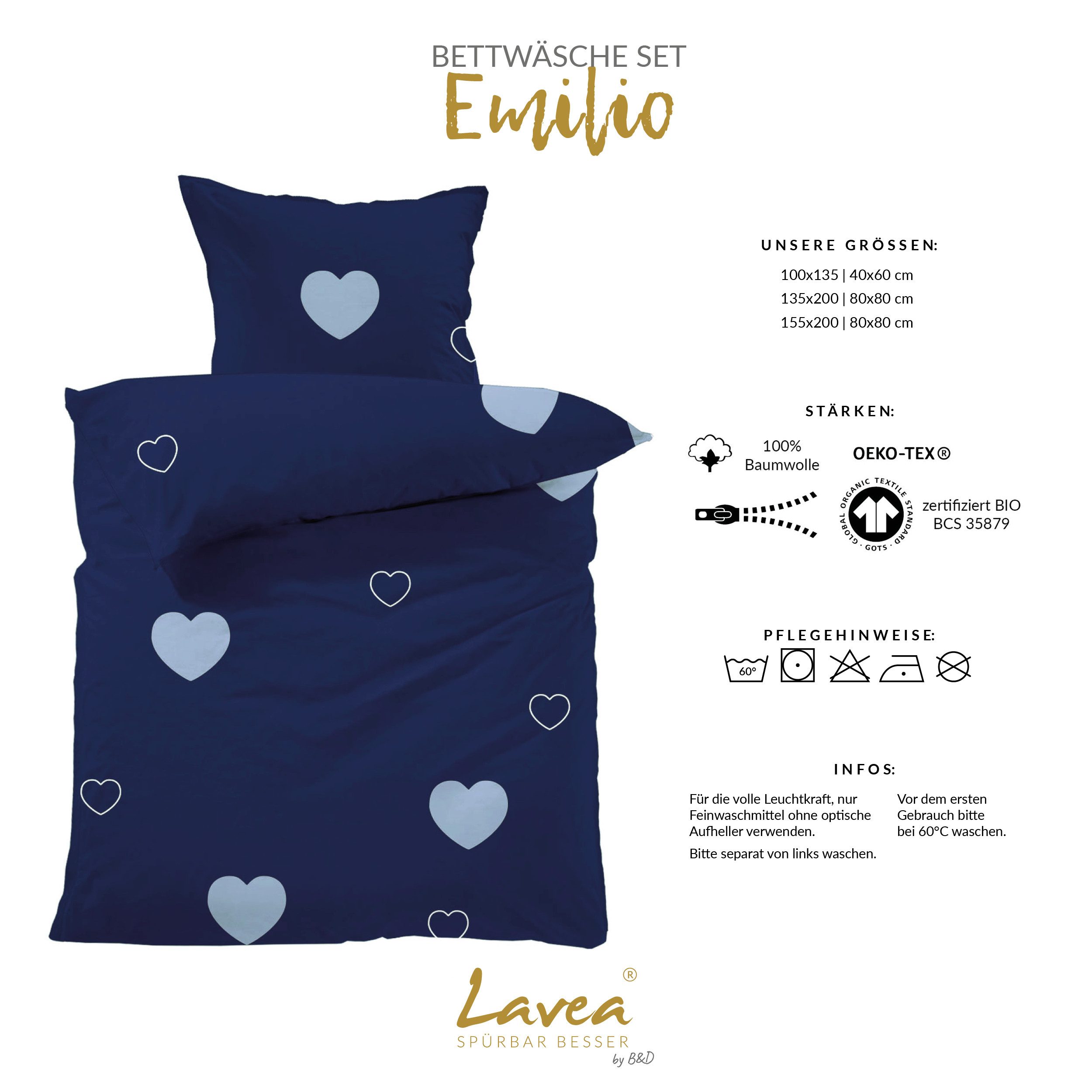 Lavea Kinderbettwäsche Bettwäsche Kinder Herzen Set, mit Reißverschluss, mit Herzmotiv, 100% Baumwolle, 2 teilig, weiche Bezüge für Bettdecke und Kopfkissen